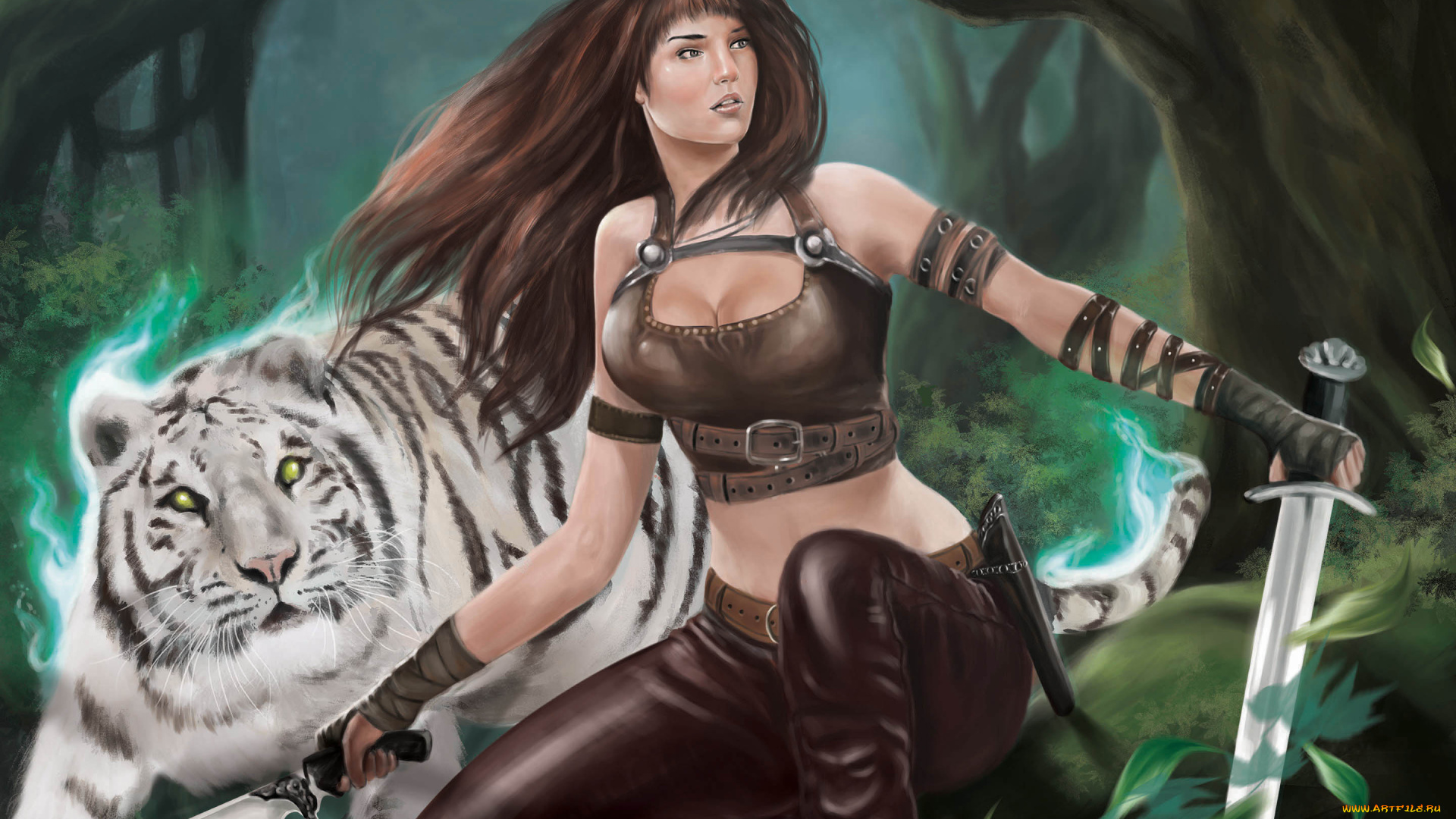 фэнтези, девушки, девушка, оружие, фон, тигр