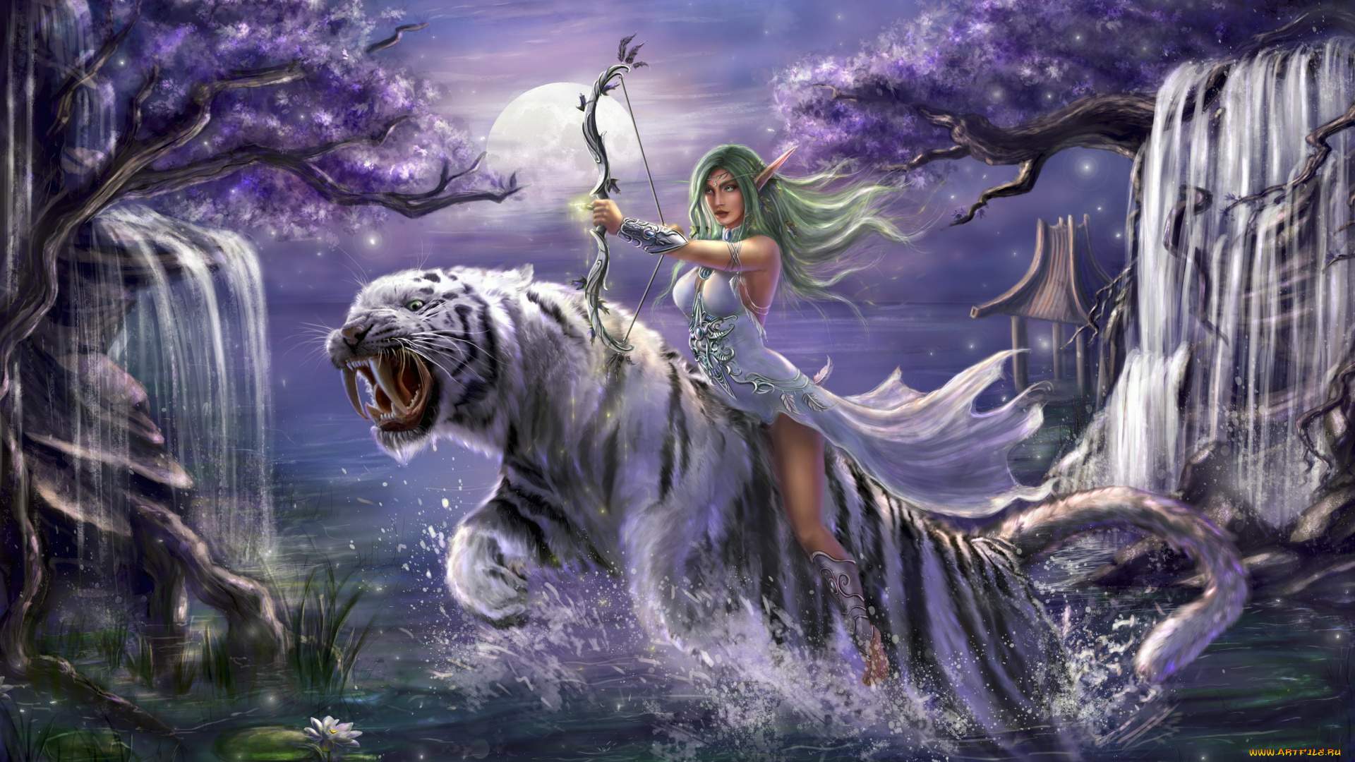 фэнтези, эльфы, водопад, лук, фон, тигр, девушка