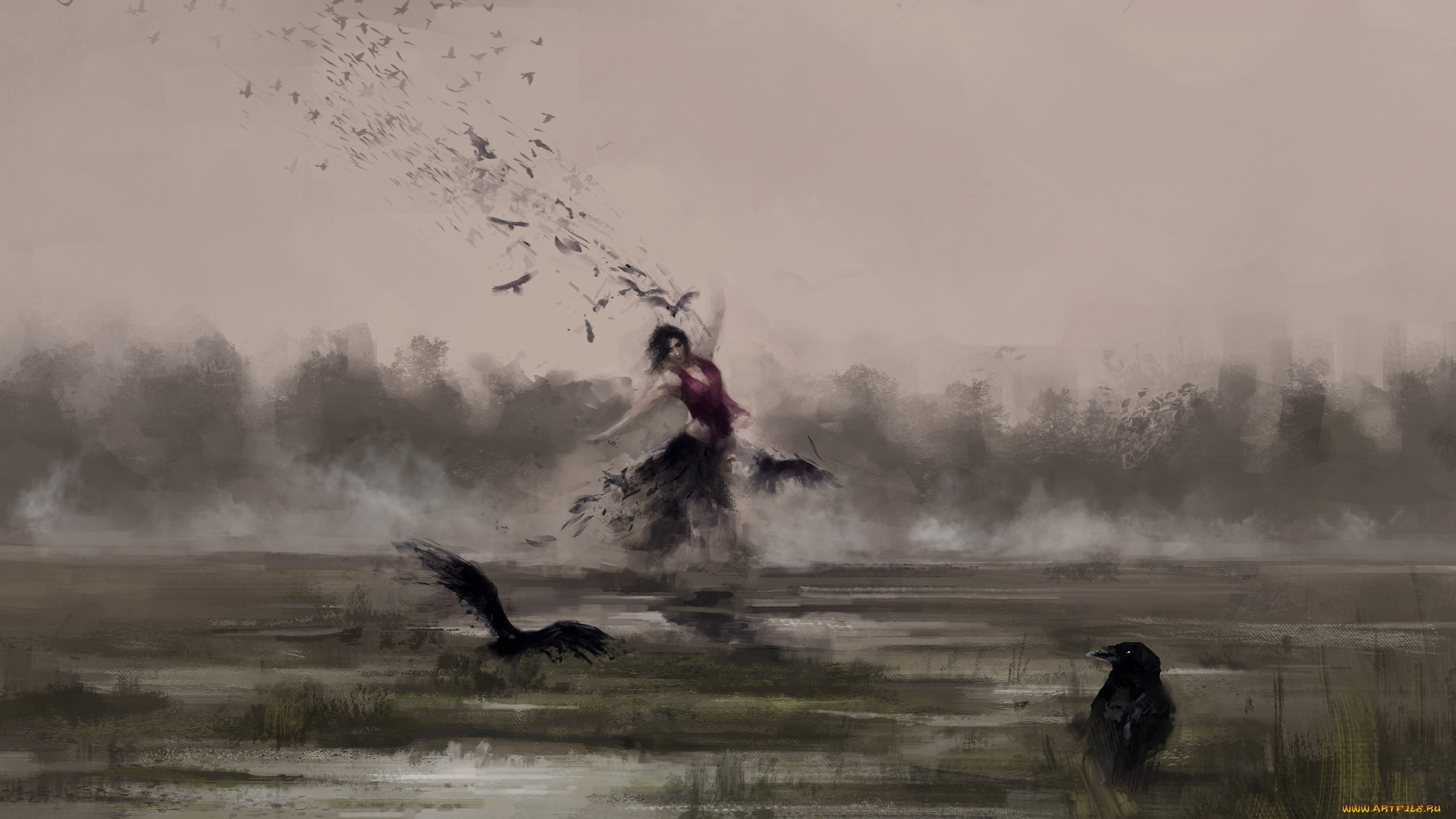 фэнтези, магия, танец, вороны, девушка, фон
