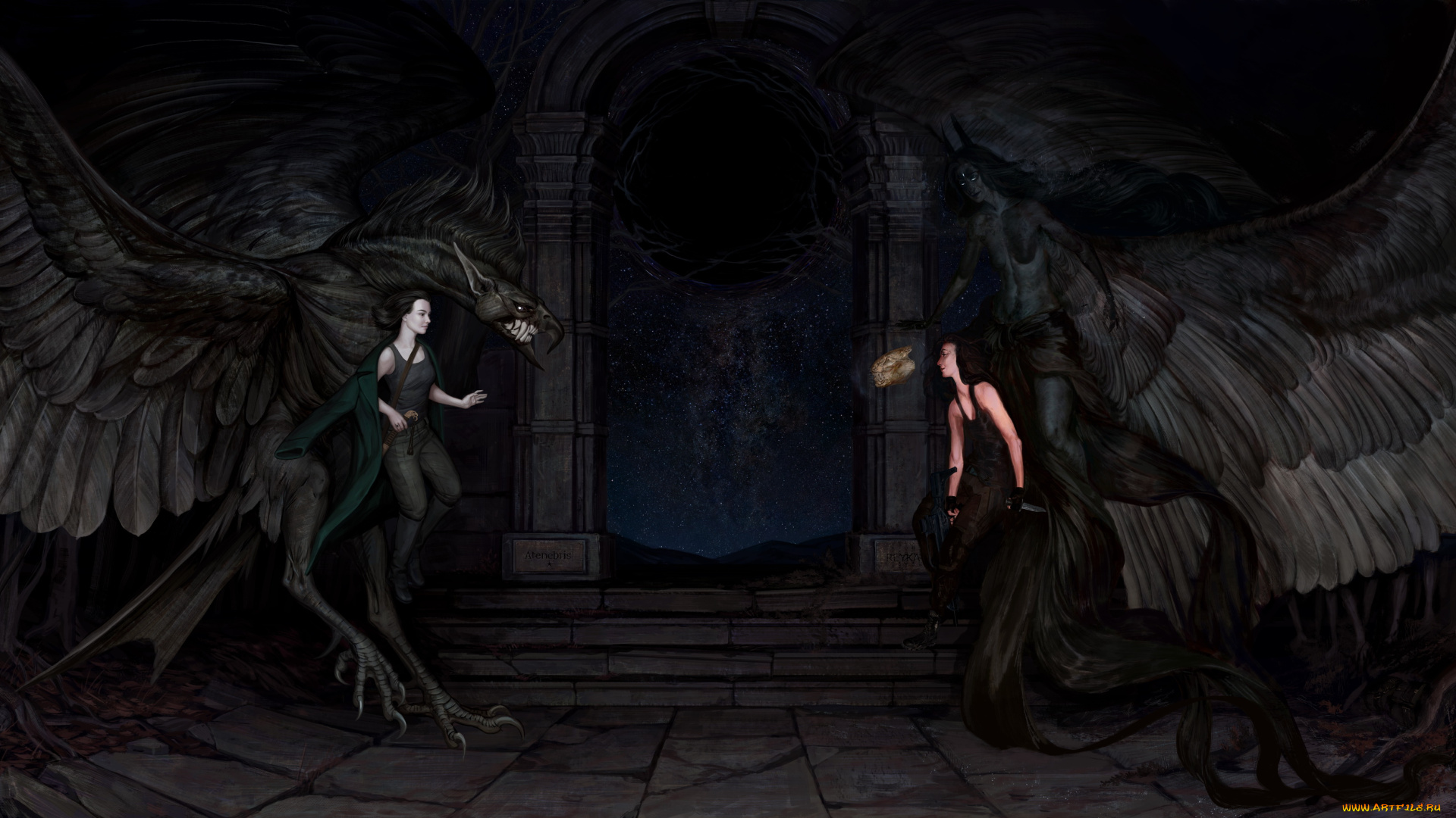 фэнтези, существа, крылья, бой, фон, девушки, сущность