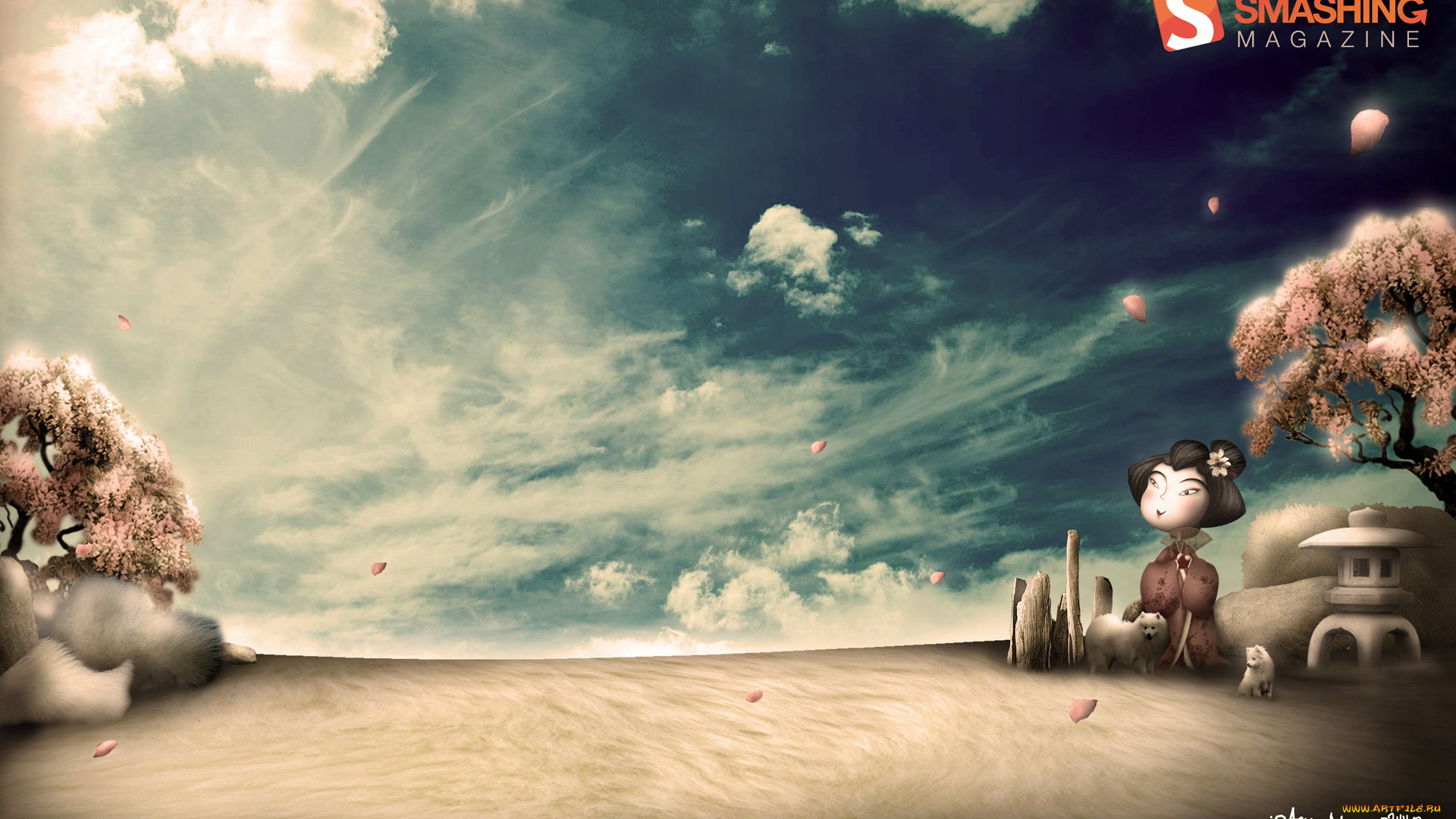 рисованное, люди, девушка, деревья, облака, небо