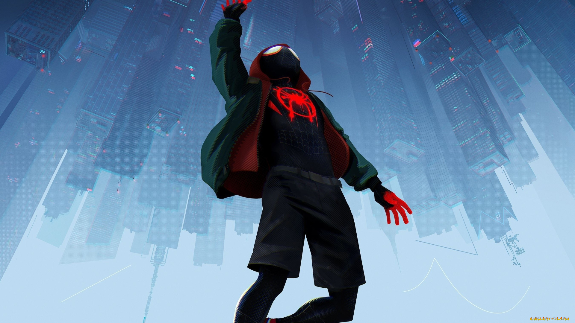 spider-man, , into, the, spider-verse, рисованное, комиксы, паук, город, мальчик