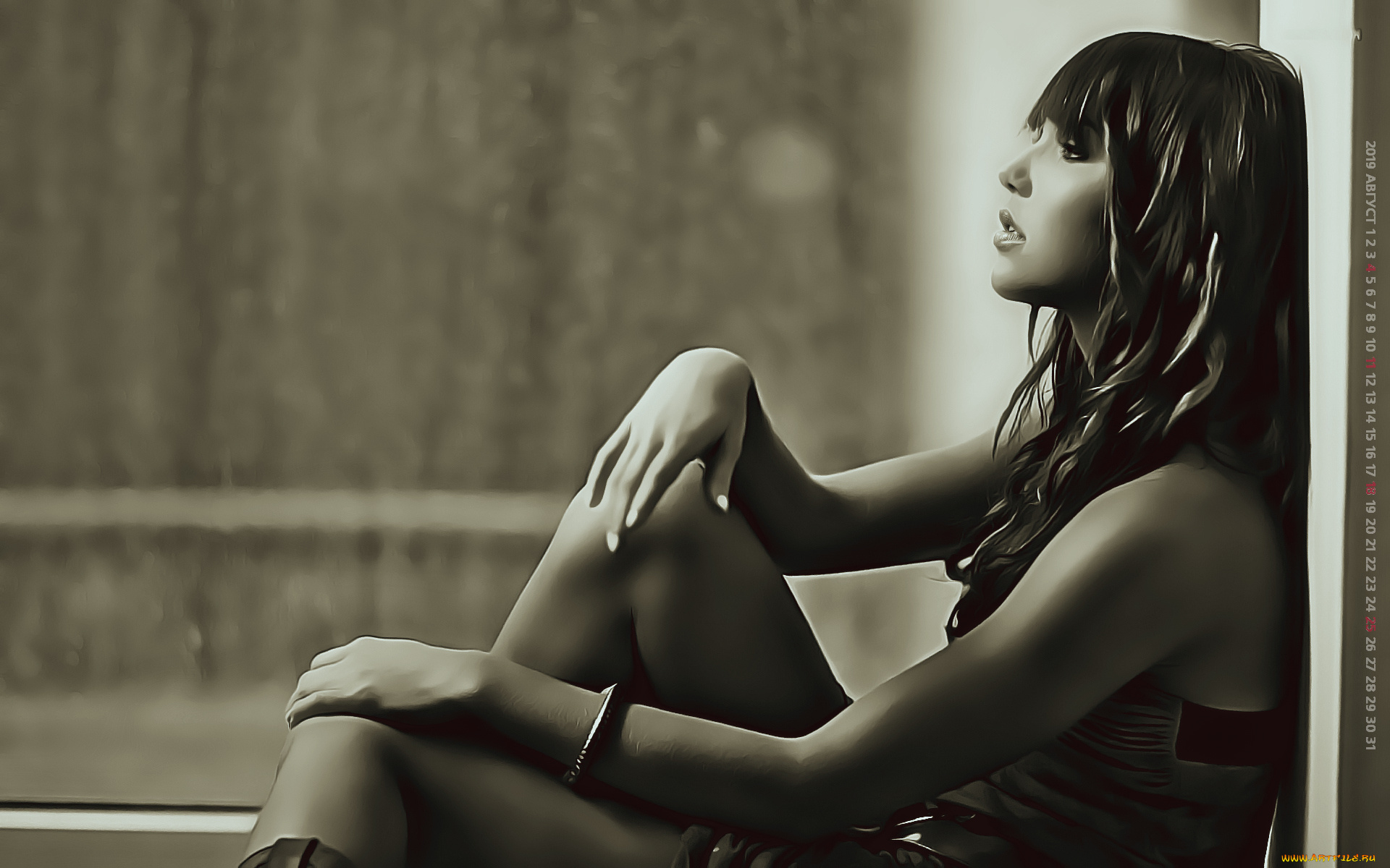 календари, компьютерный, дизайн, 2019, профиль, женщина, девушка, сидит, calendar