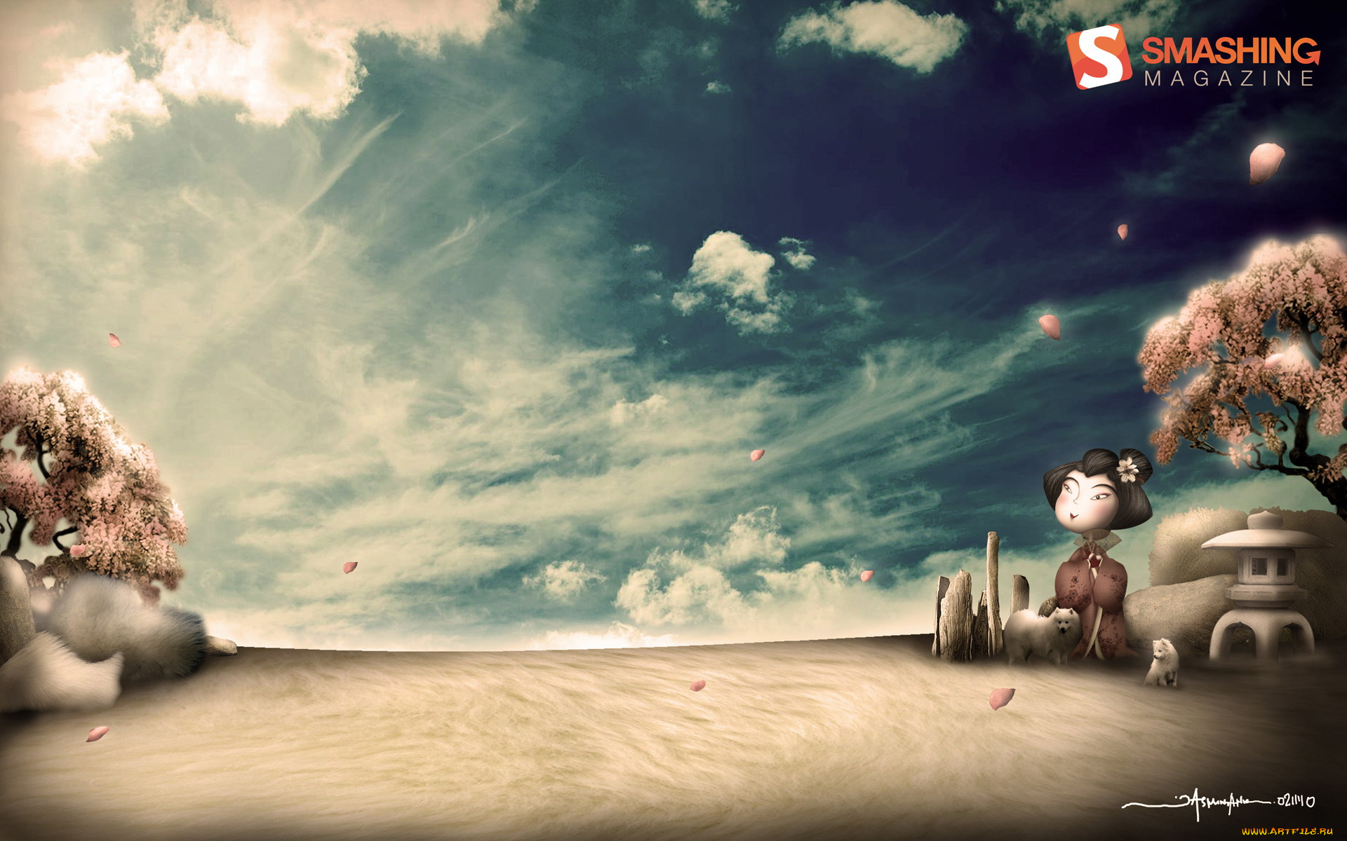 рисованное, люди, девушка, деревья, облака, небо