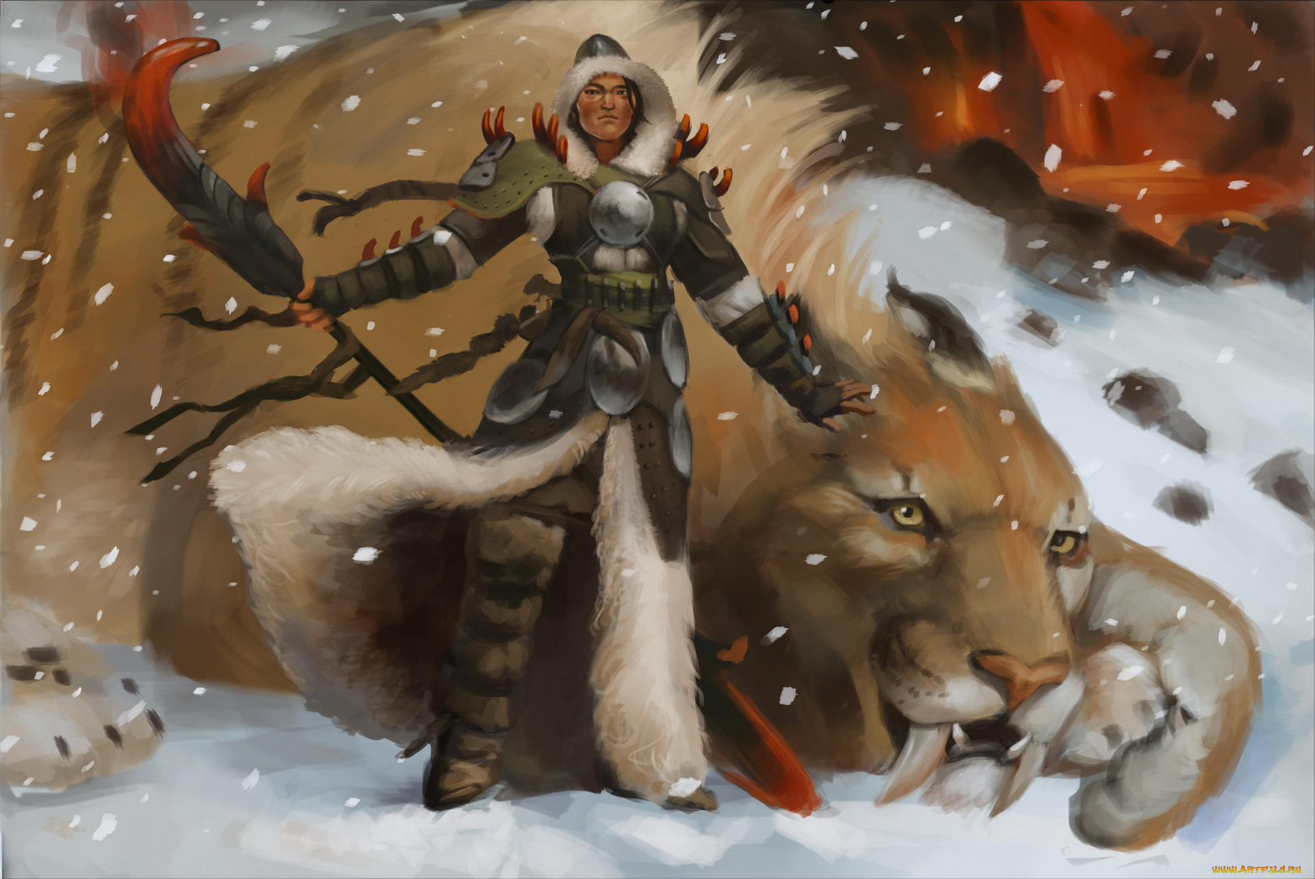 рисованное, комиксы, девушка, тигр, взгляд, фон