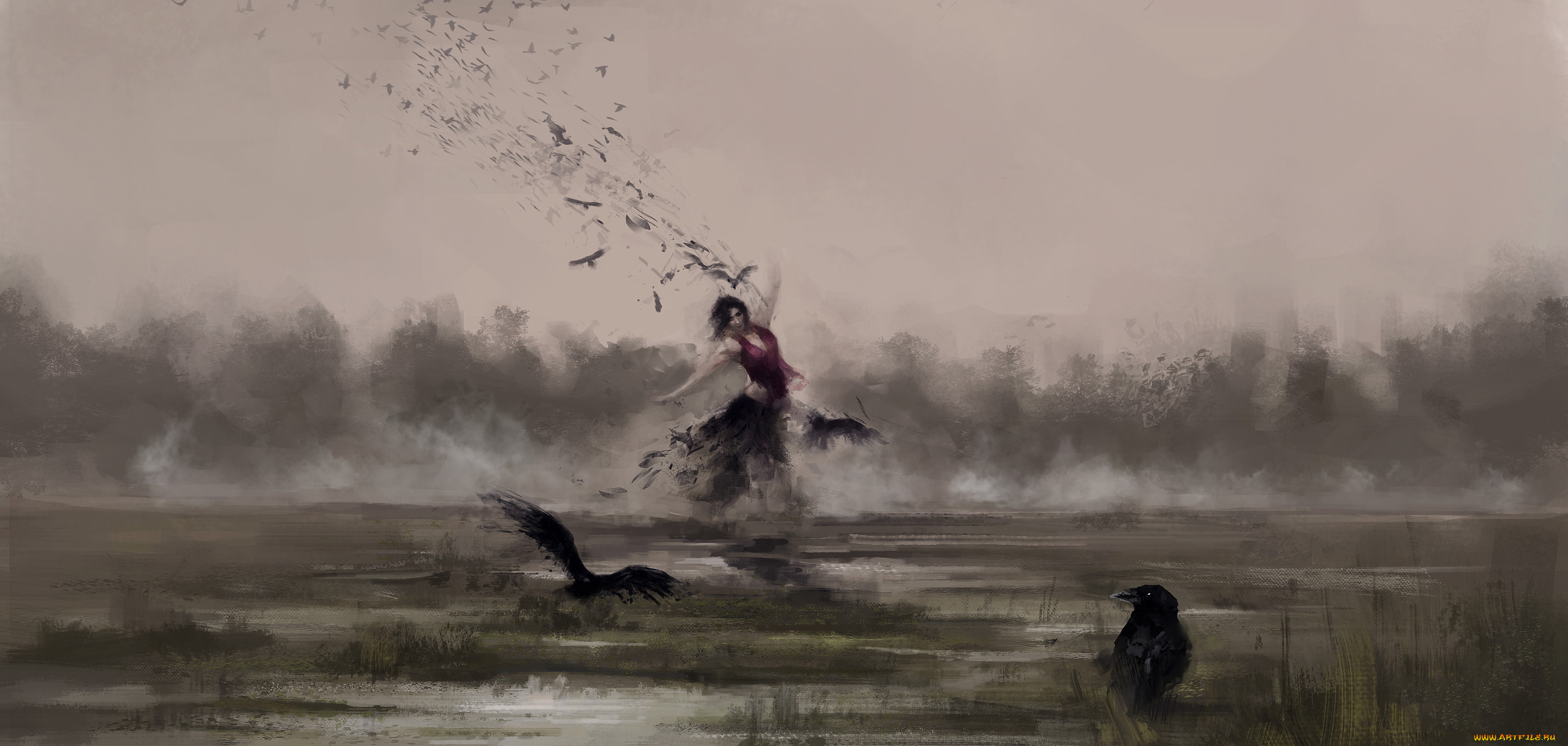 фэнтези, магия, танец, вороны, девушка, фон