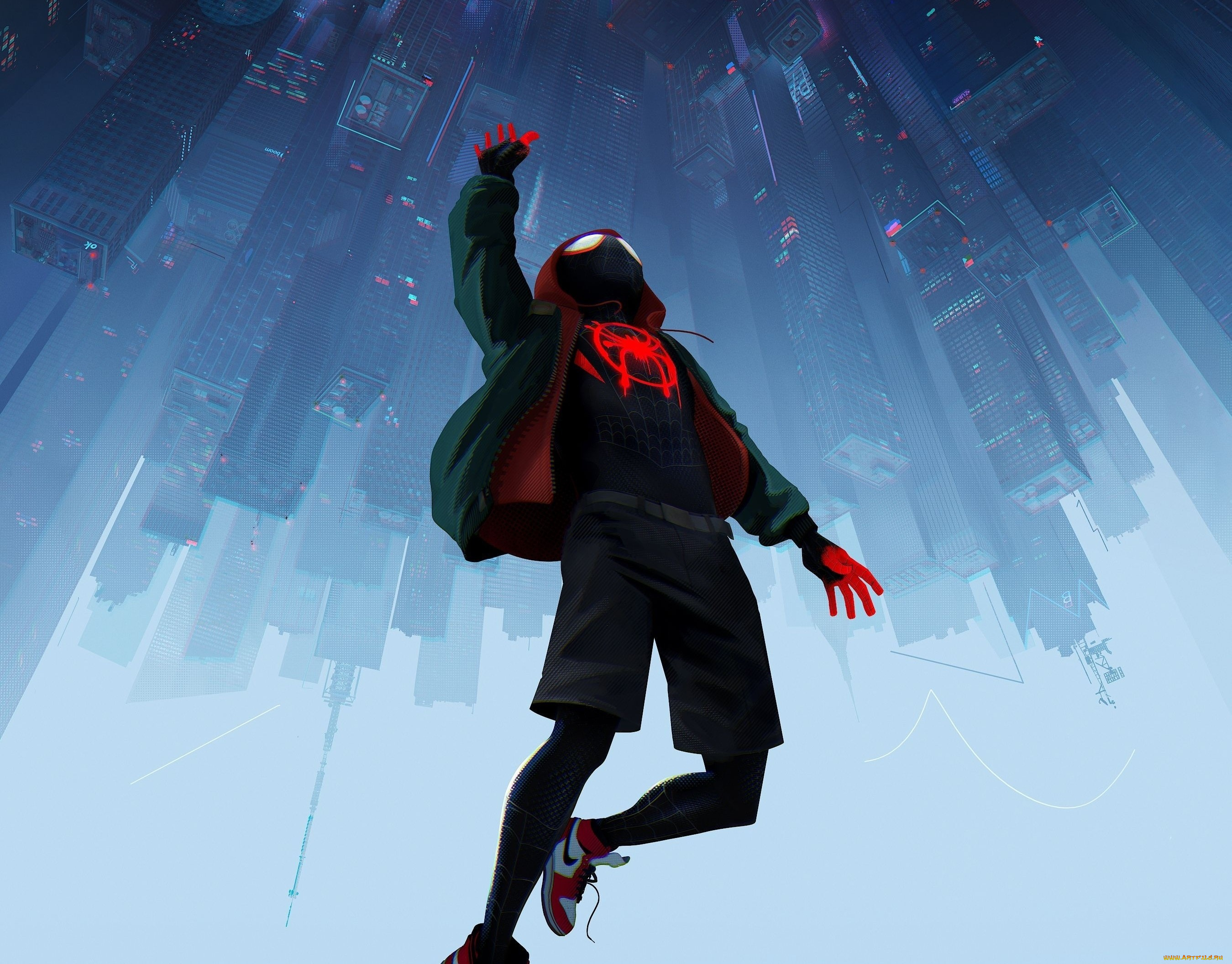 spider-man, , into, the, spider-verse, рисованное, комиксы, паук, город, мальчик