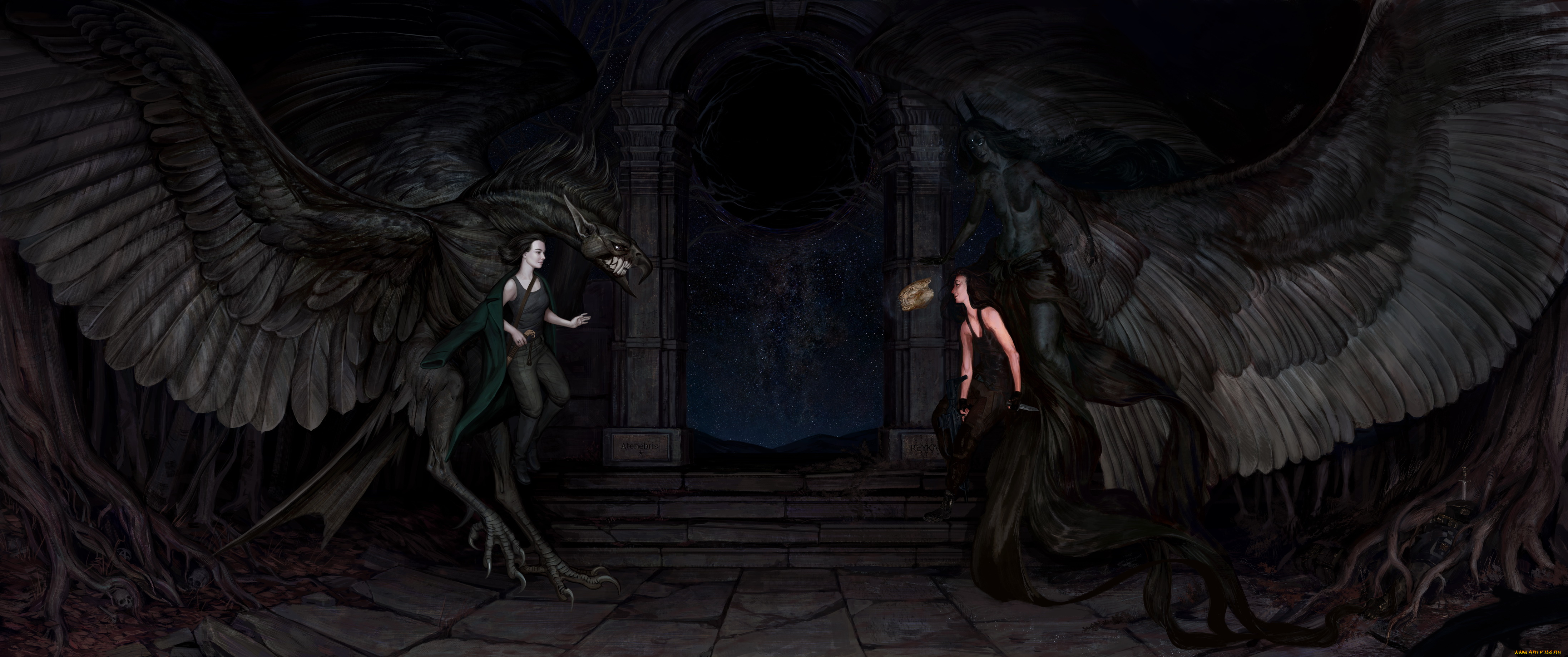 фэнтези, существа, крылья, бой, фон, девушки, сущность