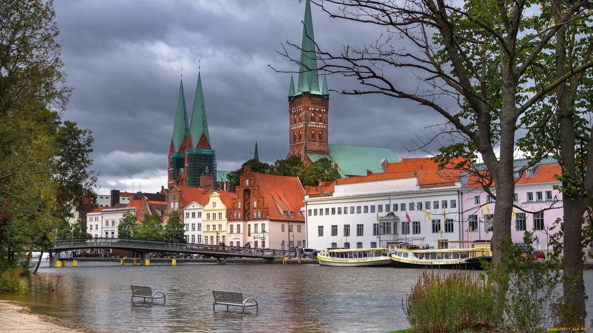 города, -, католические, соборы, , костелы, , аббатства, любекский, кафедральный, собор, любек, вечер, закат, городской, вид, шлезвиг-гольштейн, германия