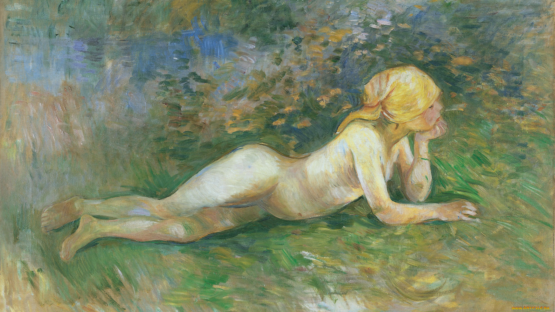 reclining, nude, shepherdess-berthe, marie, pauline, morisot, рисованное, berthe, morisot, девочка, косынка