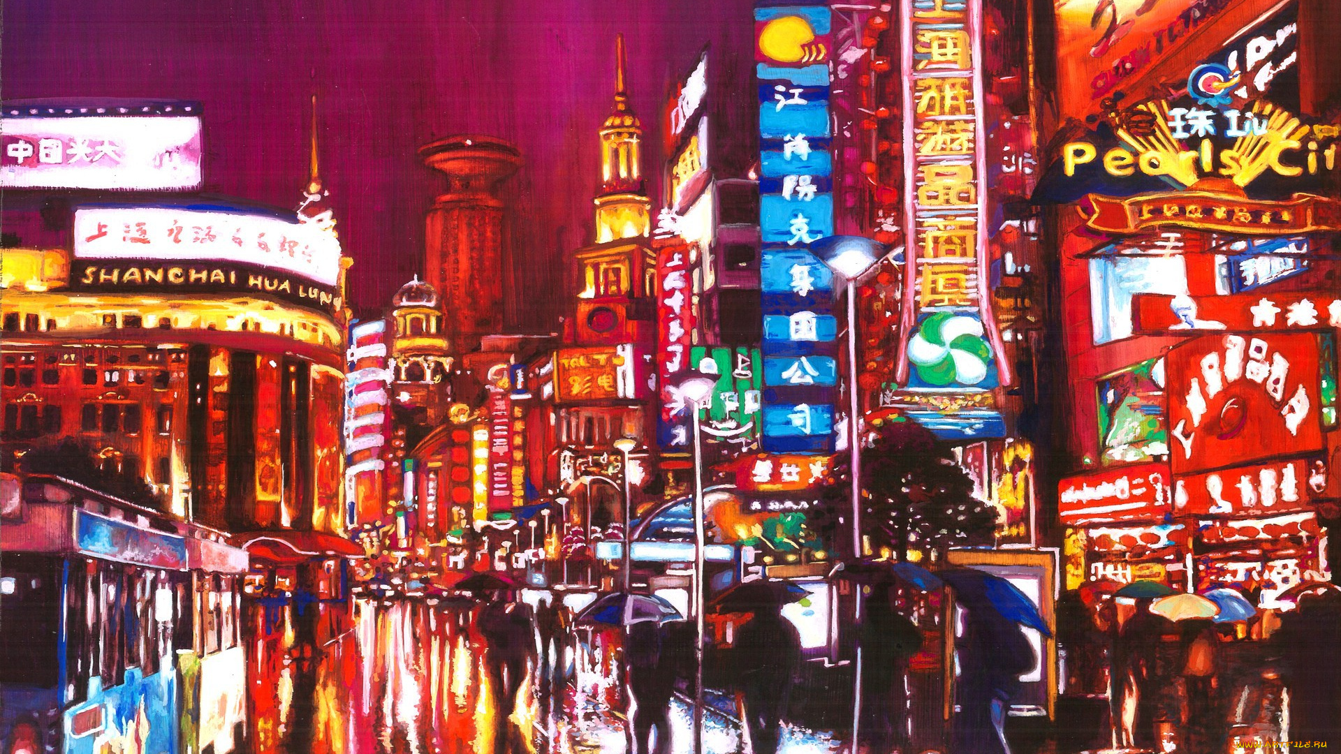 рисованное, города, шанхай, город, огни, реклама, люди, улица