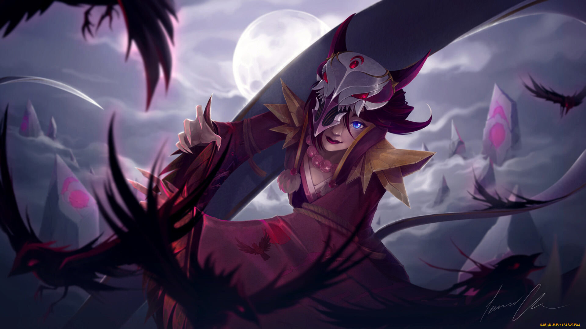 видео, игры, league, of, legends, девушка, маска, птицы, камни, taliyah