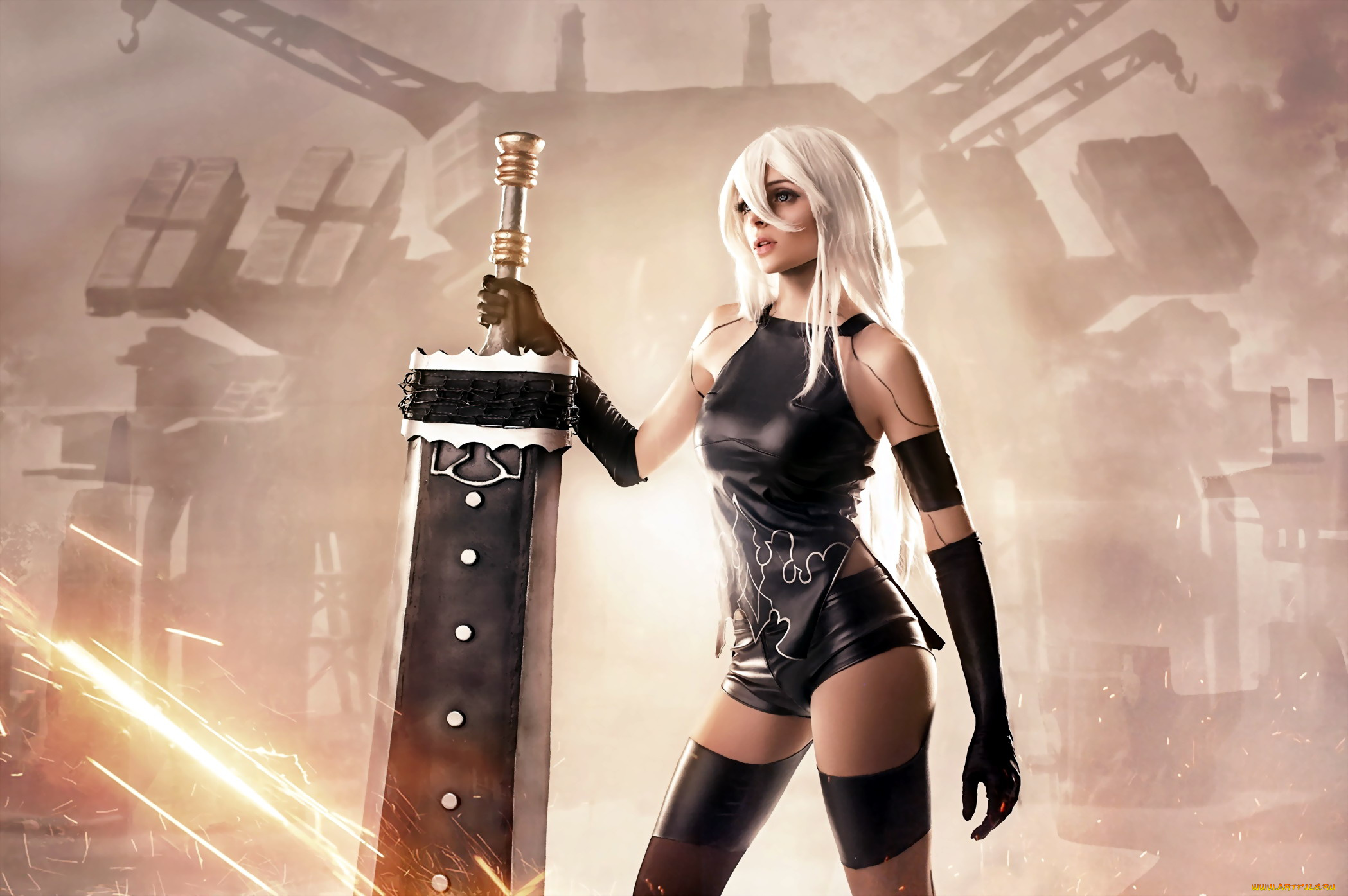 девушки, -, креатив, , косплей, 2a, yorha, nier-automata, mari, меч, робот, киборг, блондинка, костюм, чулки, завод