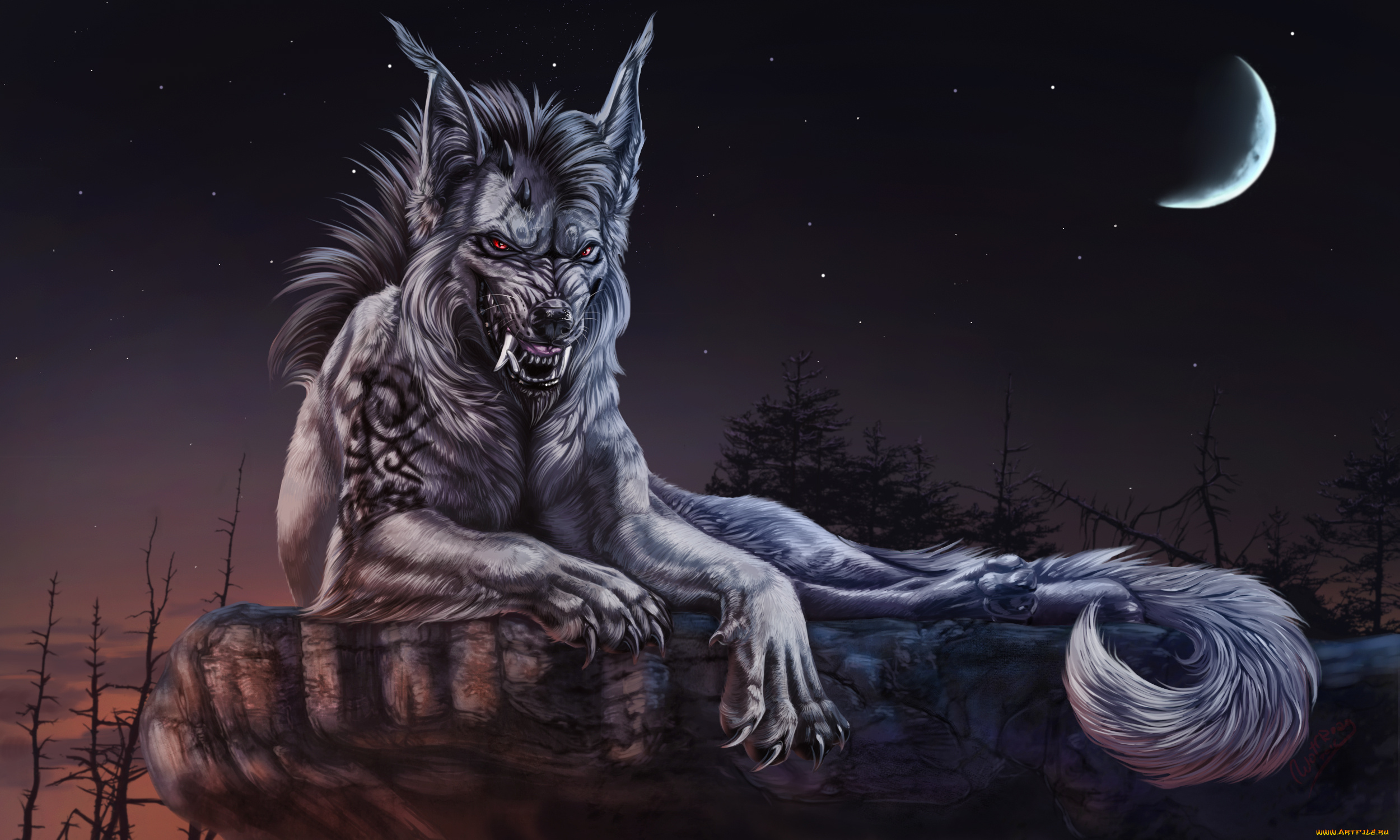 фэнтези, оборотни, волк, фон, луна, оскал