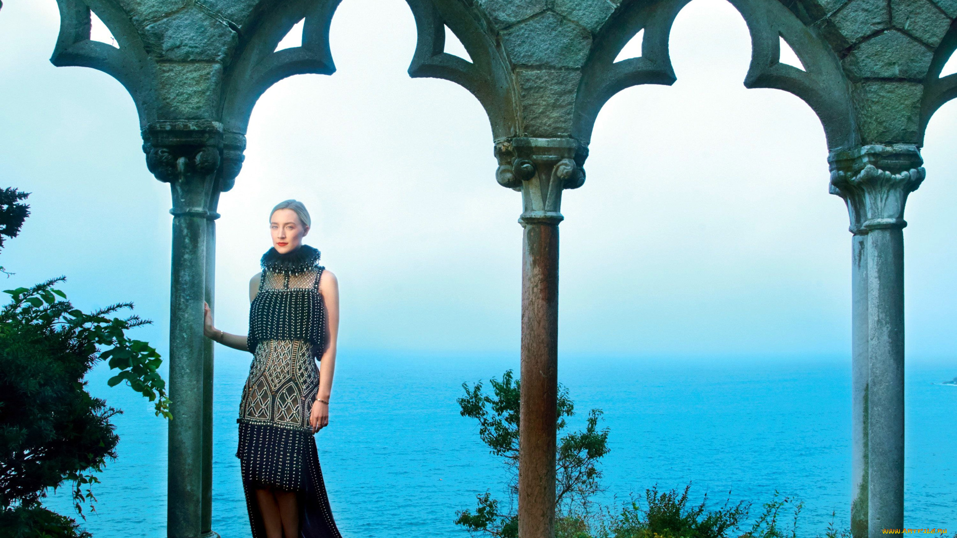 девушки, saoirse, ronan, море, терраса, платье