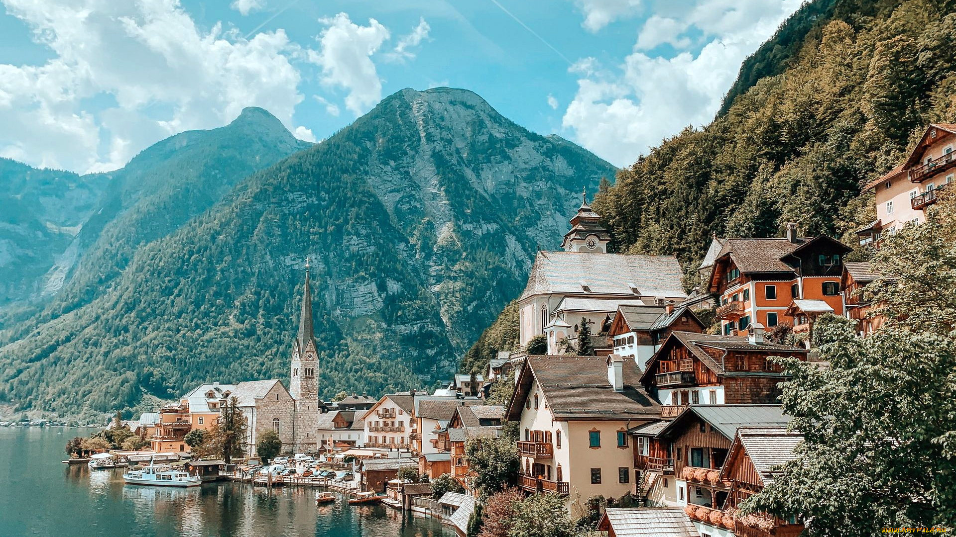 города, гальштат, , австрия, горы, озеро, дома