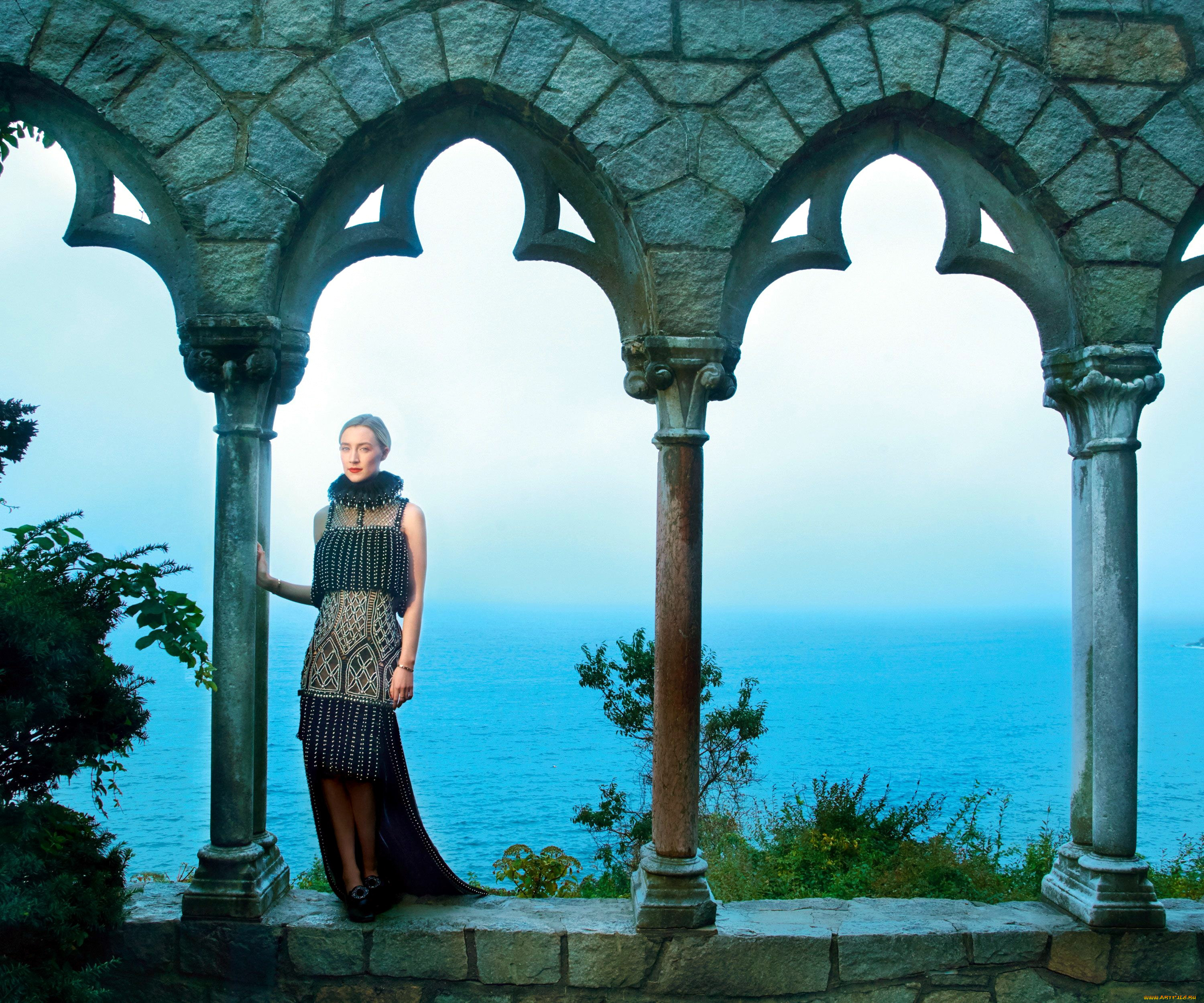 девушки, saoirse, ronan, море, терраса, платье