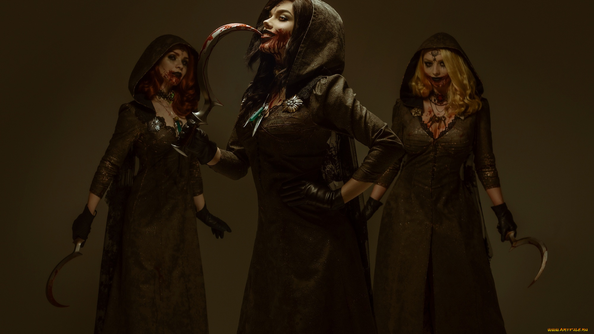 девушки, -, креатив, , косплей, вампиры, плащи, кровь, серпы