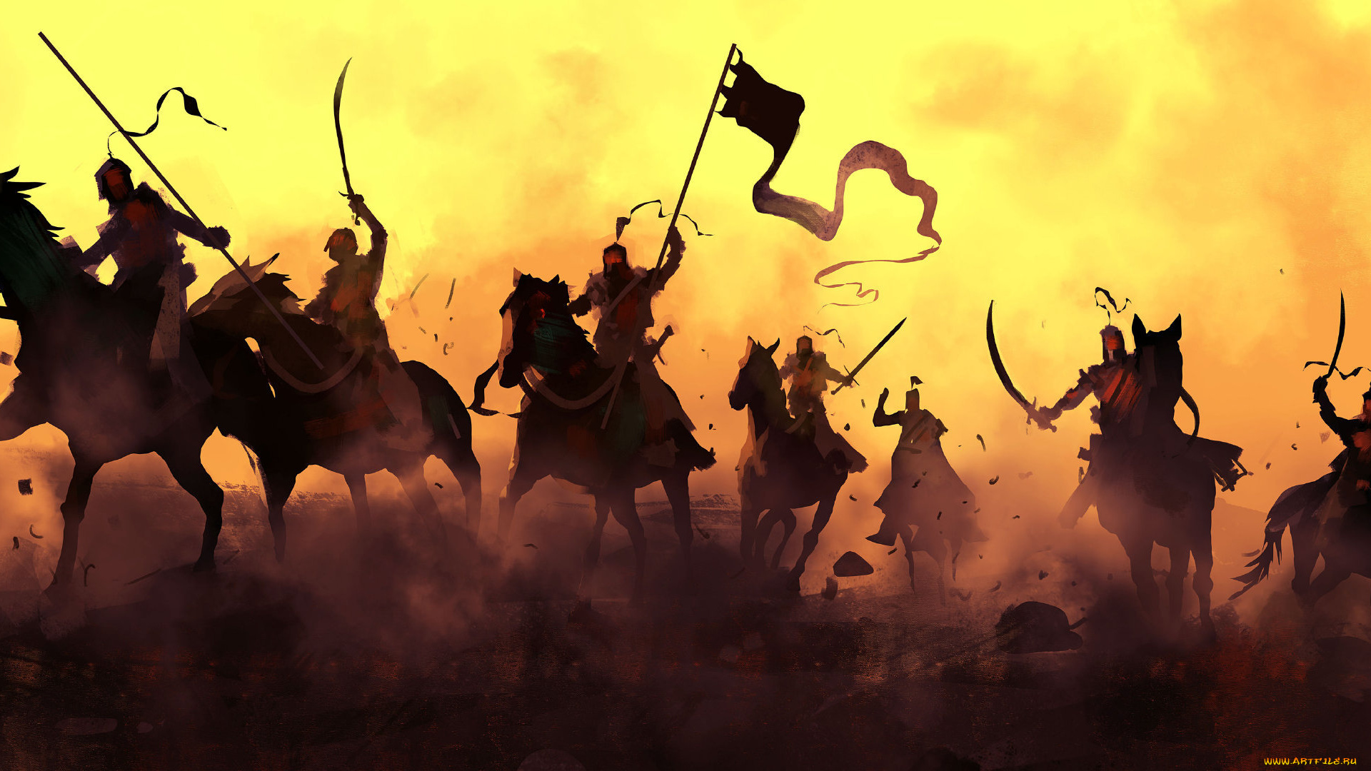 рисованное, армия, отряд, всадники, оружие, флаг, пыль