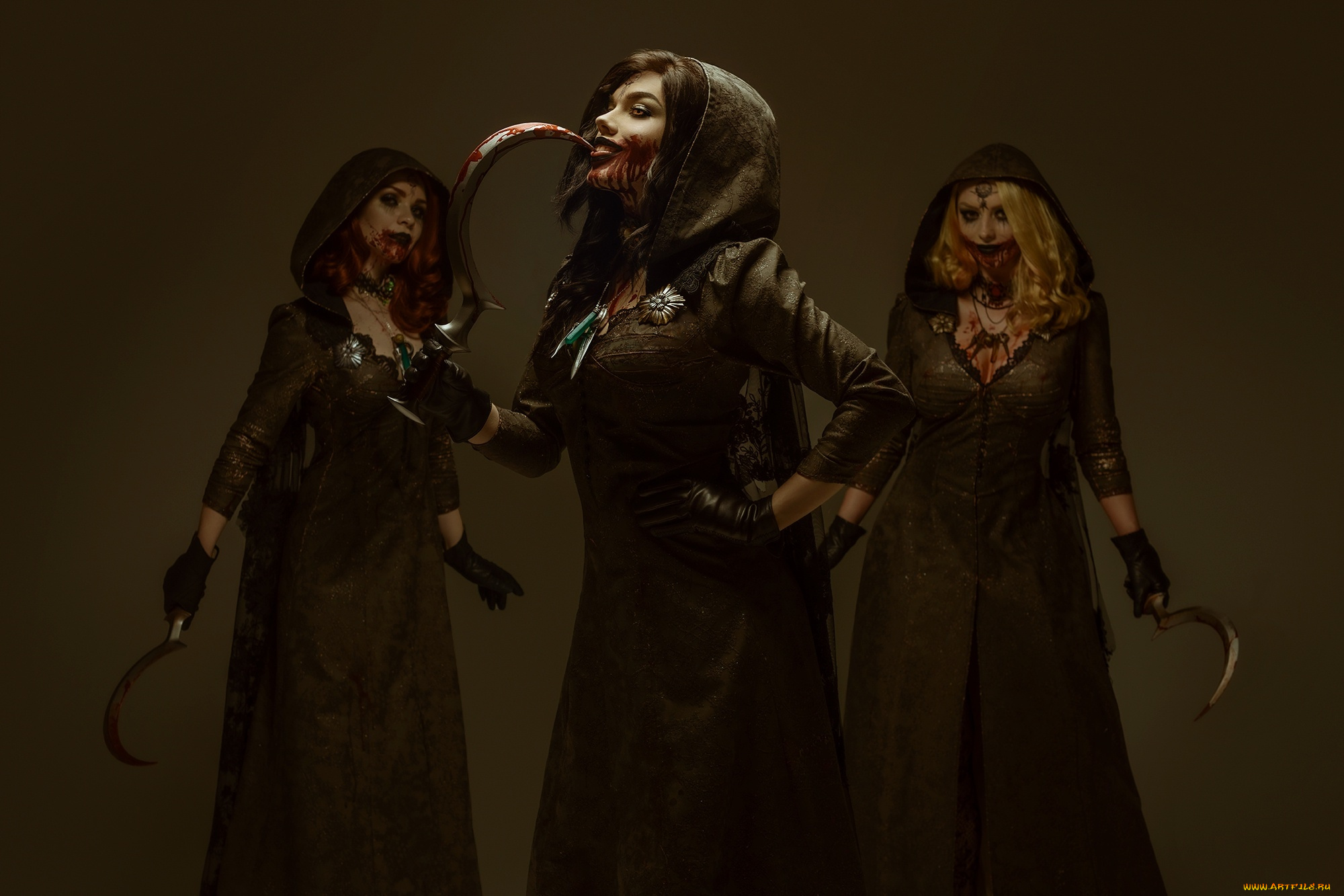 девушки, -, креатив, , косплей, вампиры, плащи, кровь, серпы