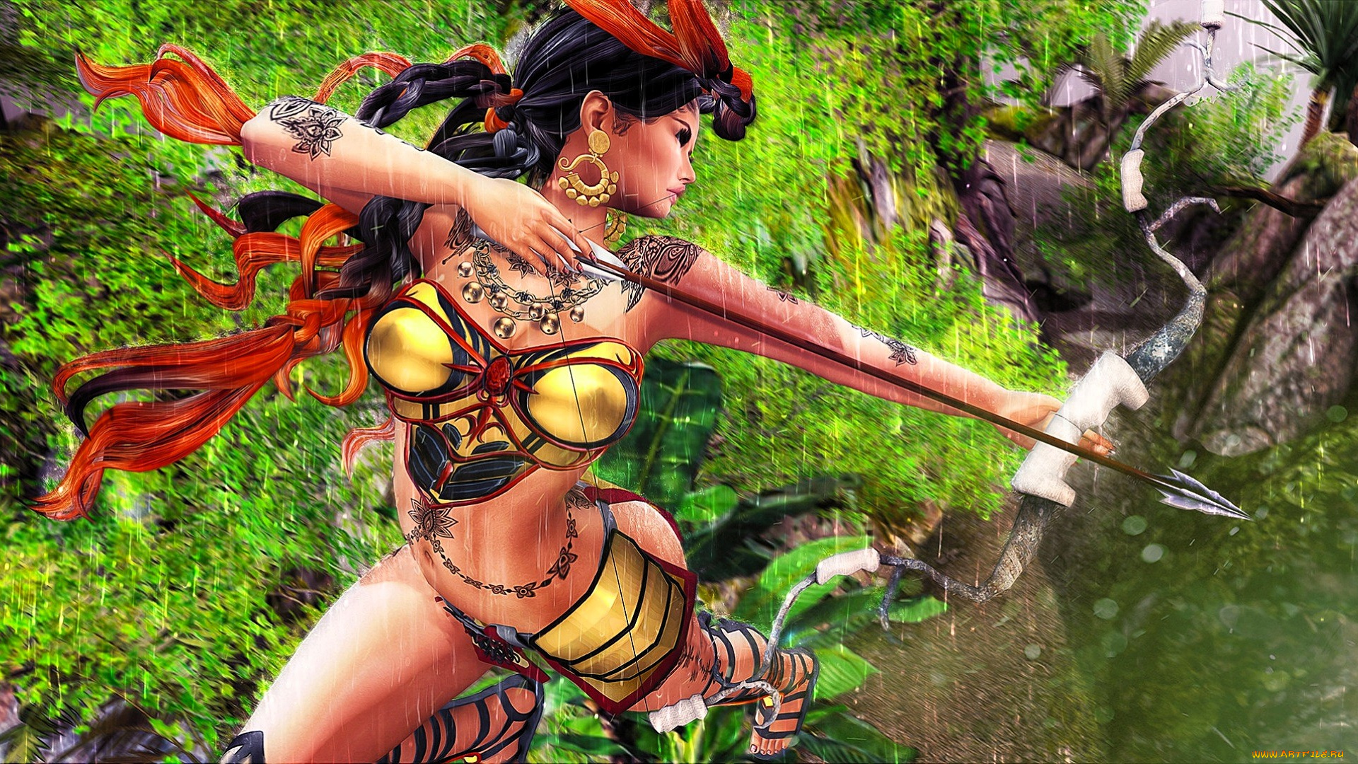 3д, графика, фантазия, , fantasy, девушка, коса, лук, стрела, прыжок, дождь, камни, горы