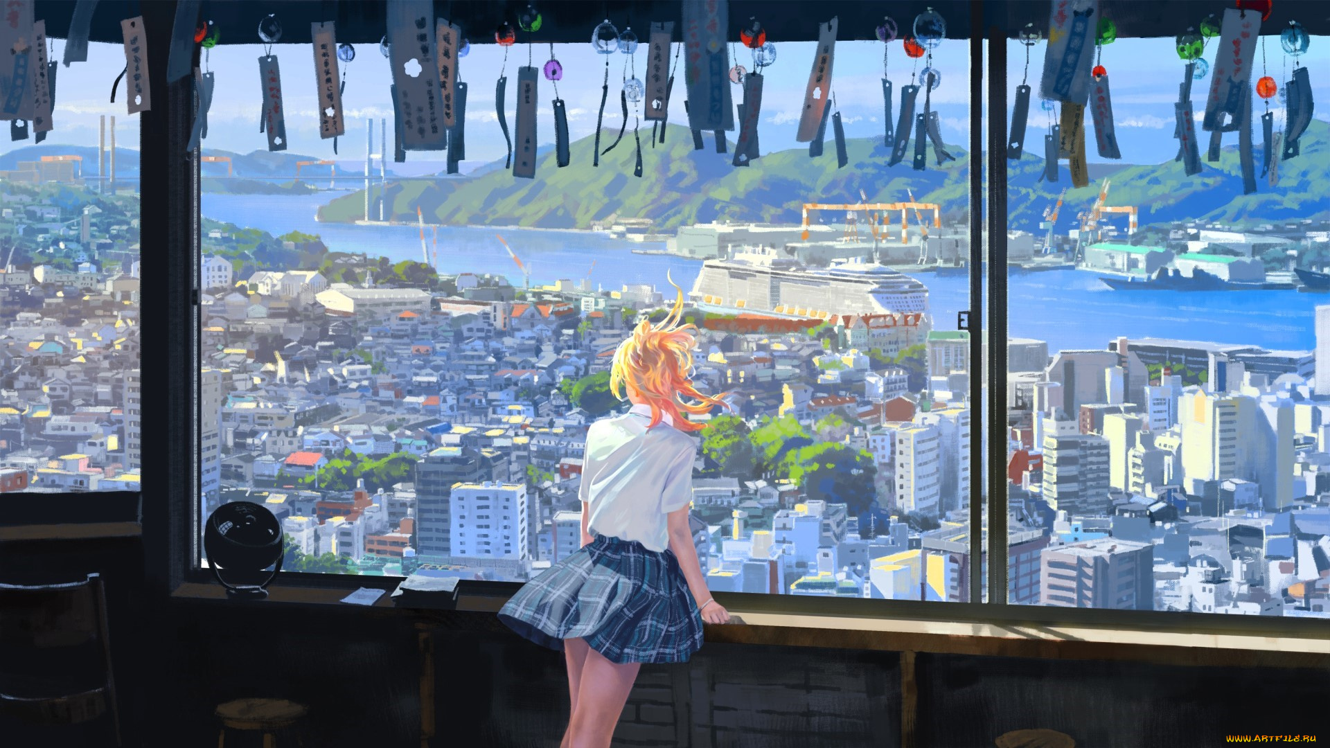 аниме, город, , улицы, , интерьер, , здания, девушка, блузка, юбка, окно, панорама, обереги, река, теплоход