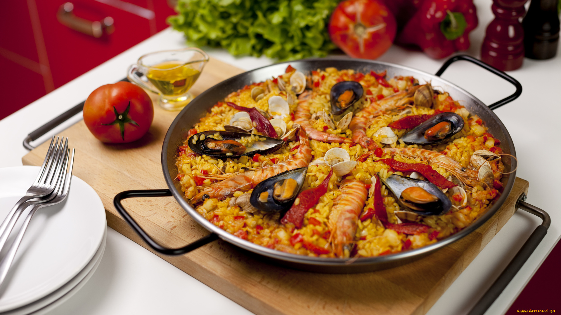 еда, рыбные, блюда, , с, морепродуктами, креветки, мидии, морепродукты, рис, паэлья