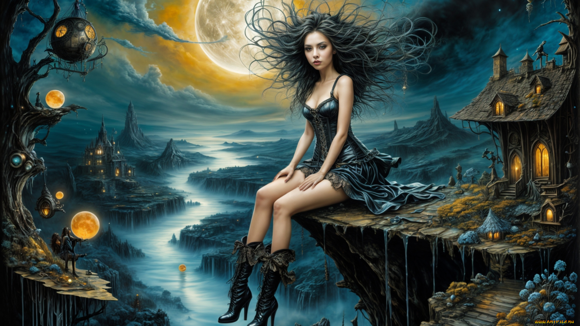 фэнтези, девушки, девушка, дома, обрыв, река, шары, луна