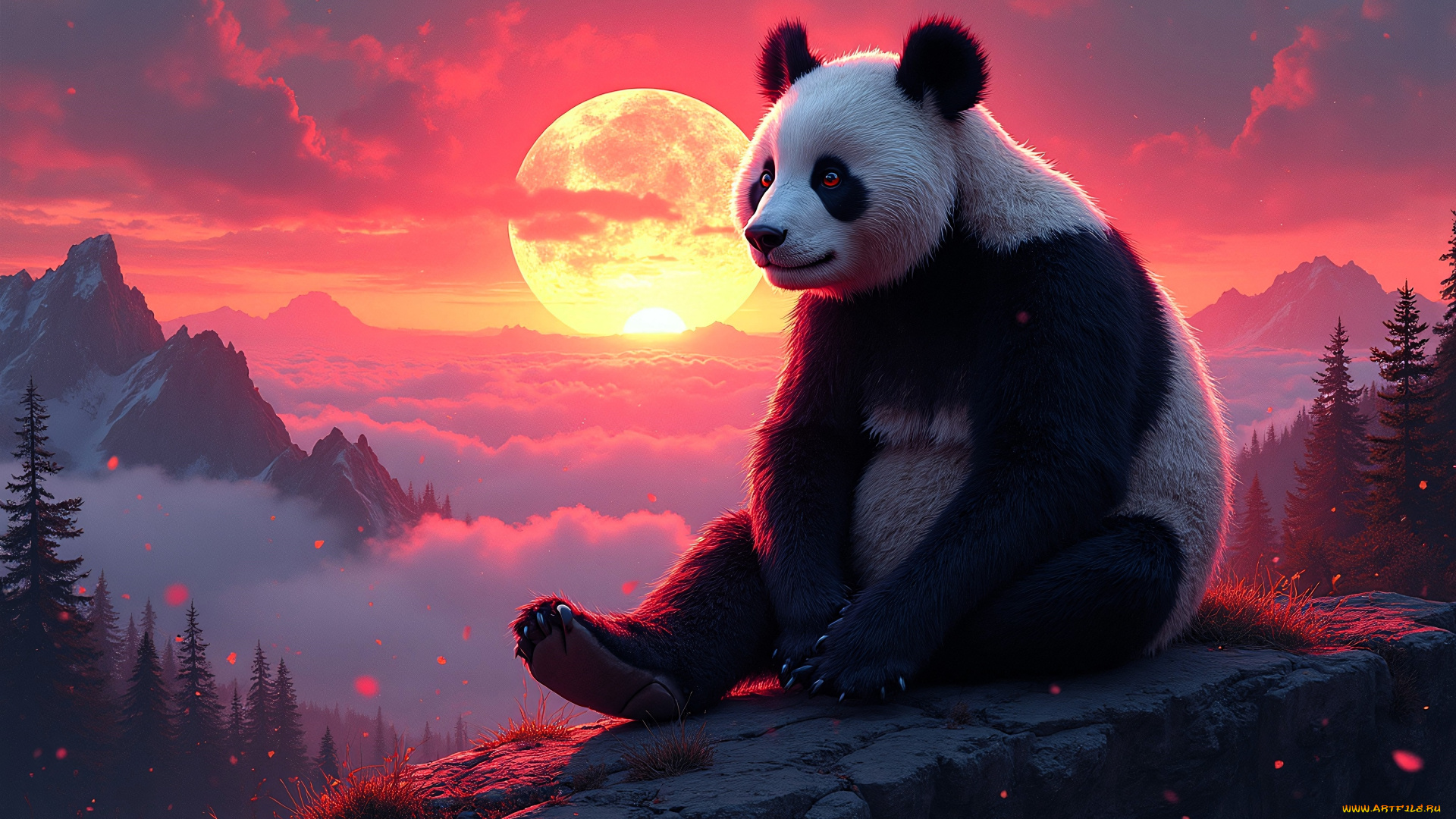 разное, компьютерный, дизайн, панда, камень, лес, горы, закат, солнце, облака
