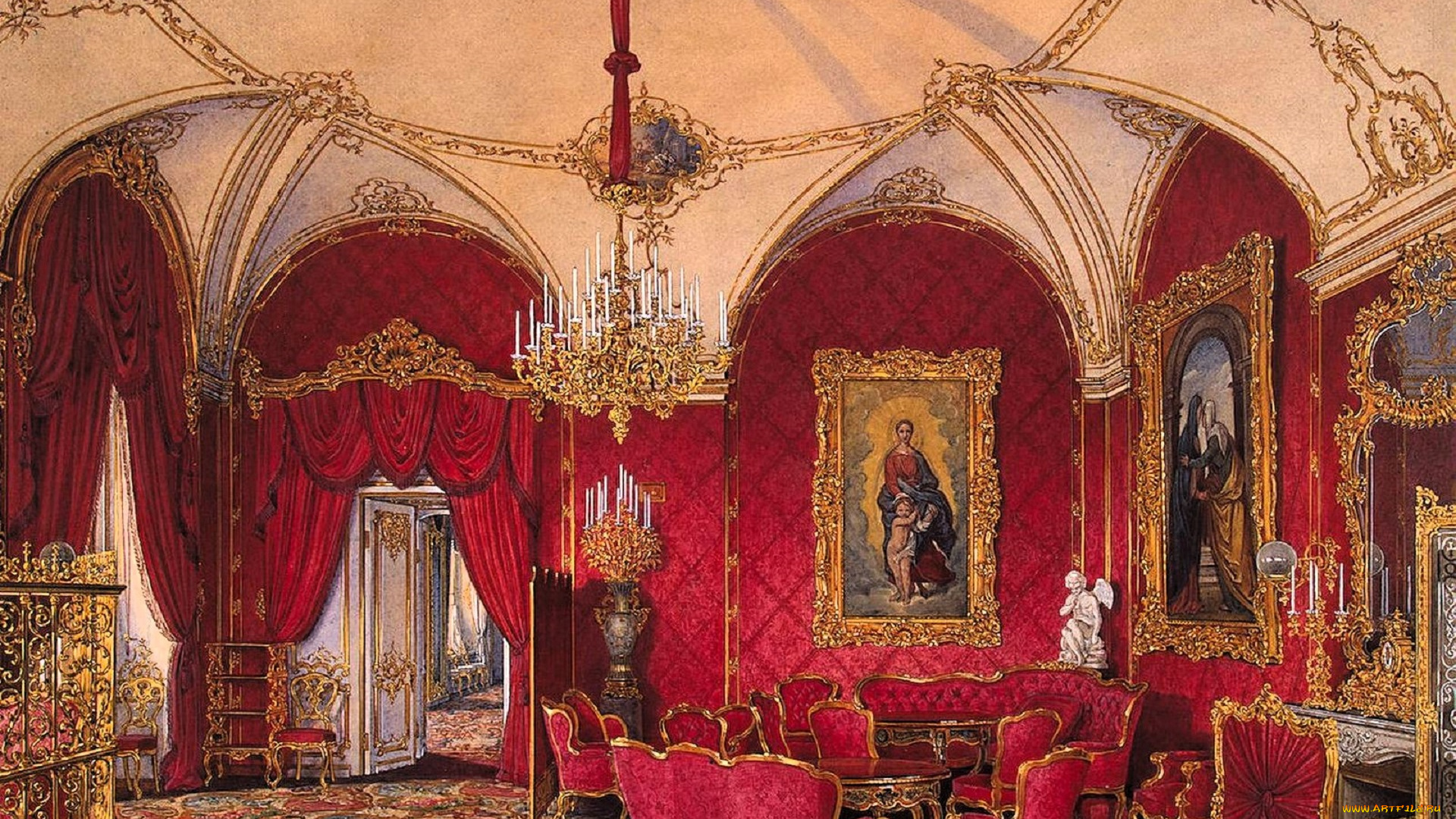 рисованное, эдуард, гау, комната, интерьер, люстра, мебель, стол, кресла, камин