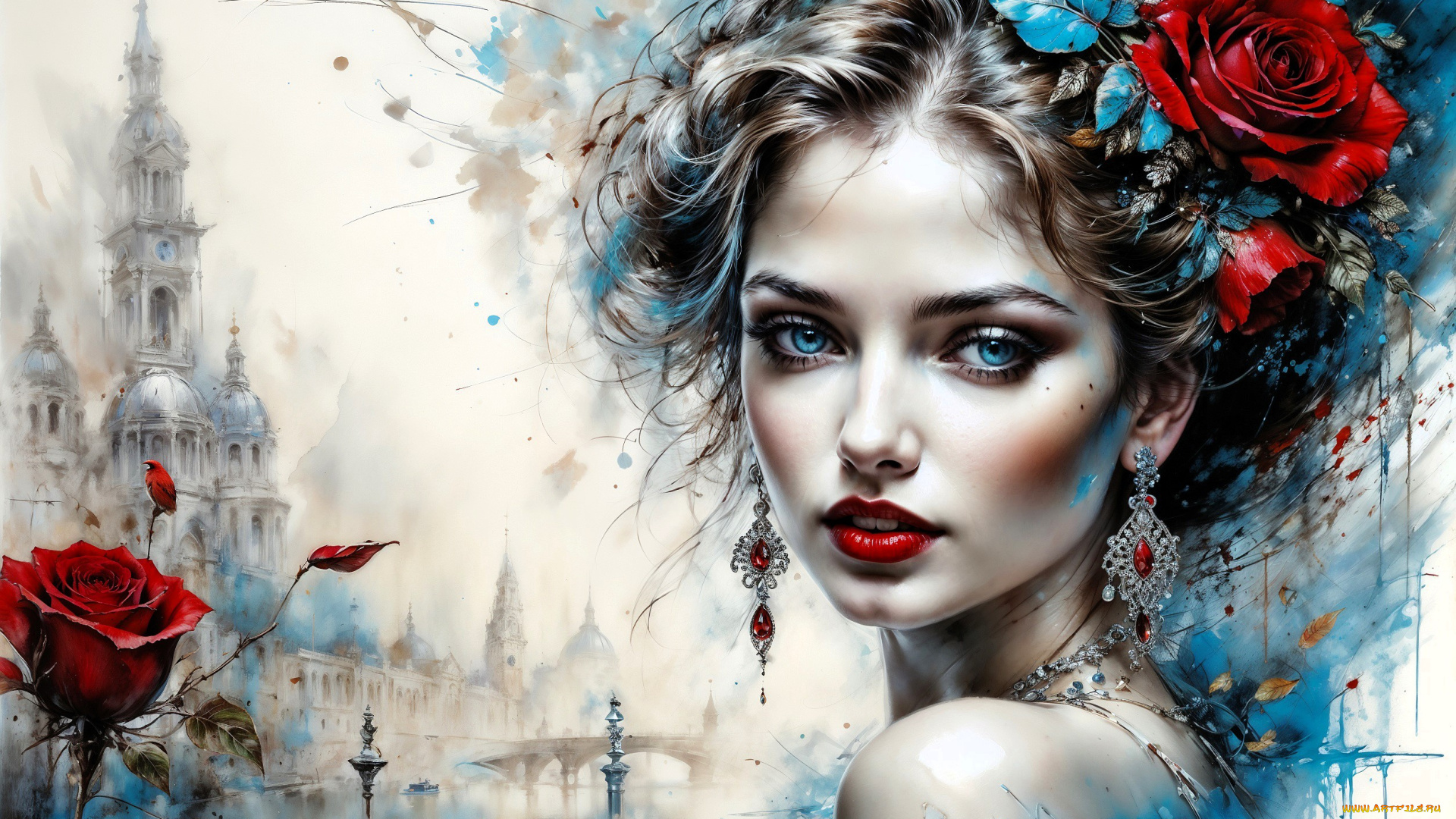 рисованное, люди, девушка, лицо, цветы, украшения, город