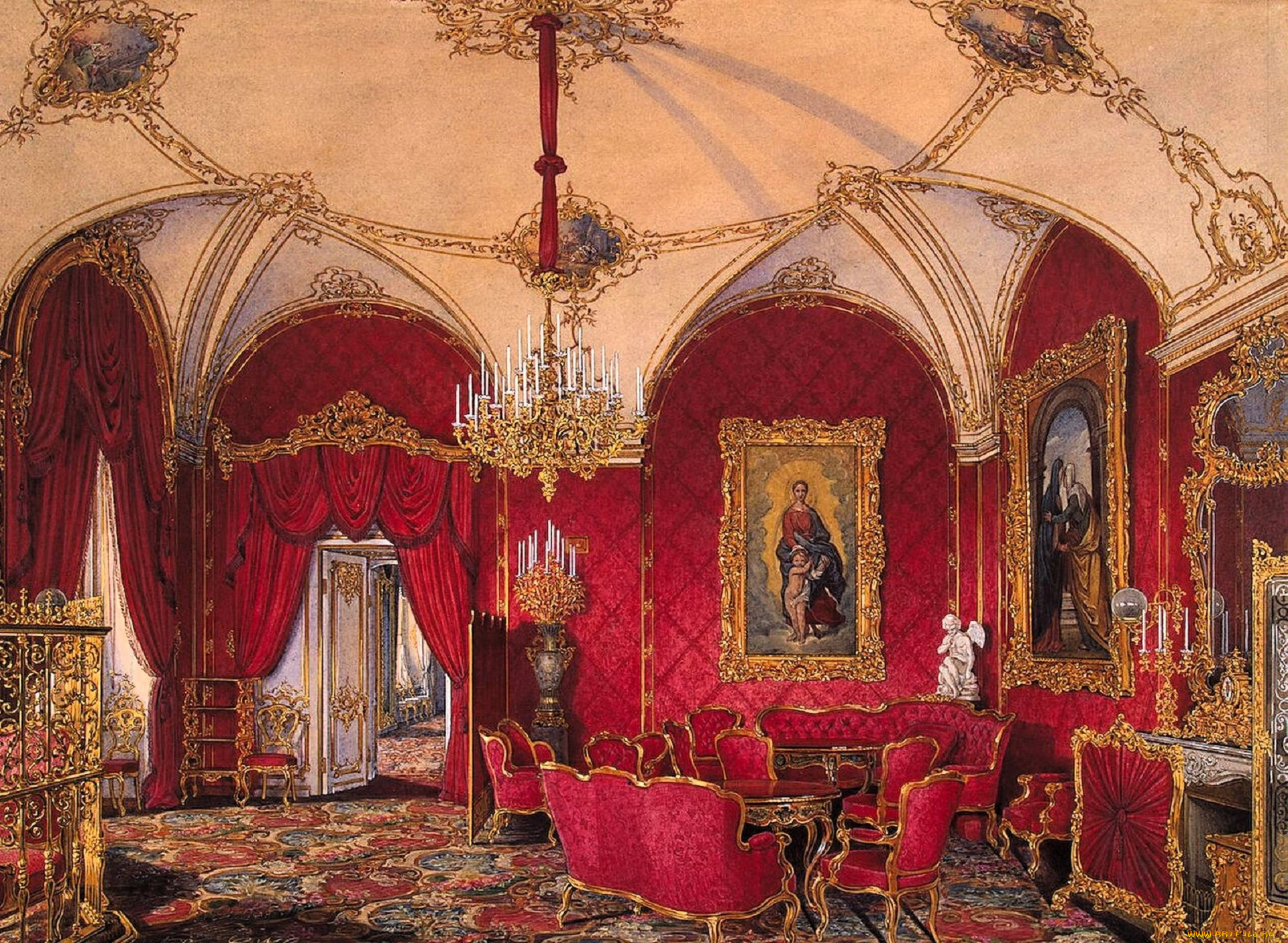 рисованное, эдуард, гау, комната, интерьер, люстра, мебель, стол, кресла, камин