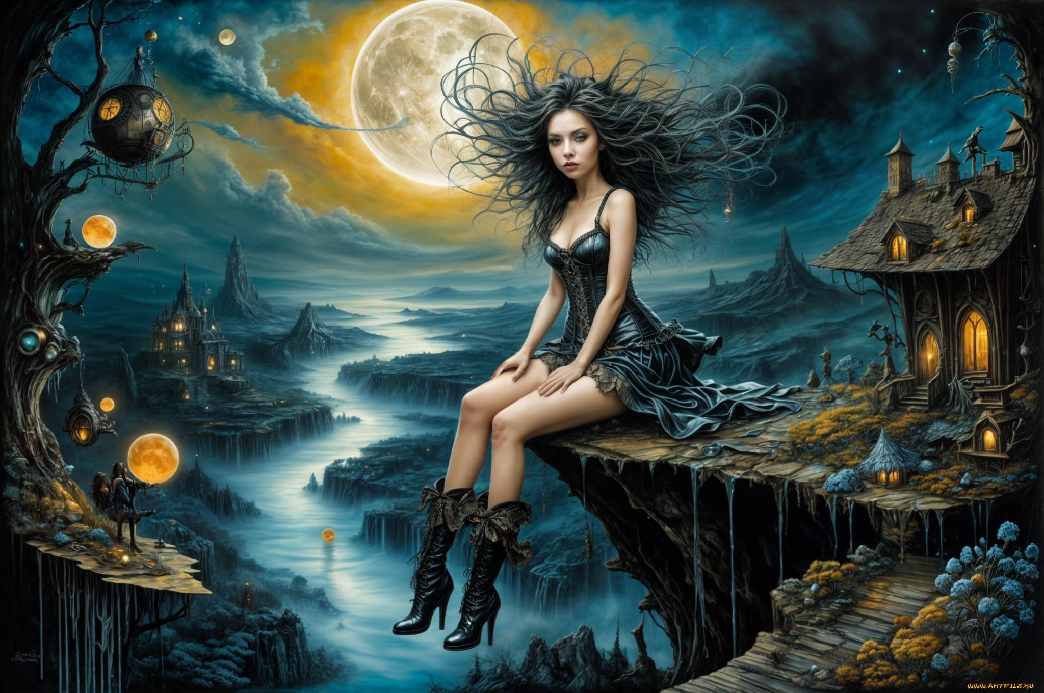 фэнтези, девушки, девушка, дома, обрыв, река, шары, луна