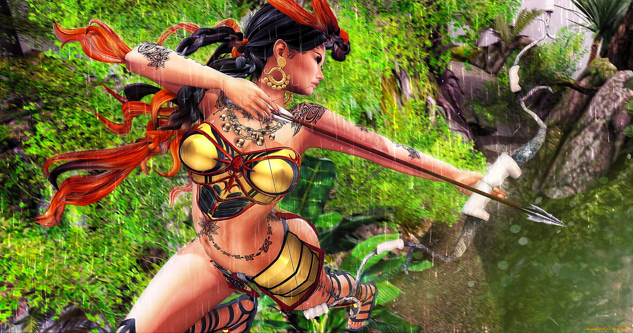 3д, графика, фантазия, , fantasy, девушка, коса, лук, стрела, прыжок, дождь, камни, горы