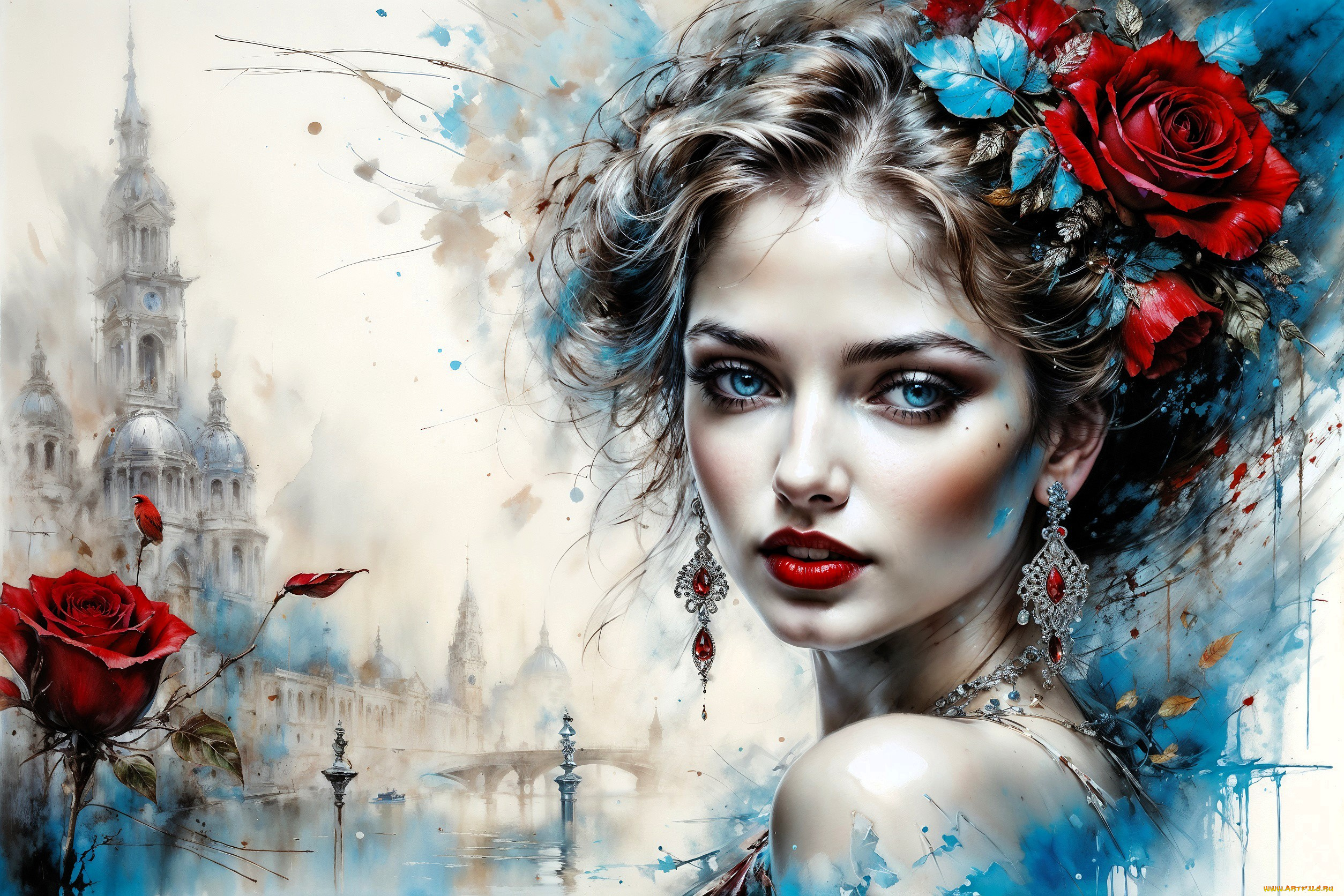 рисованное, люди, девушка, лицо, цветы, украшения, город