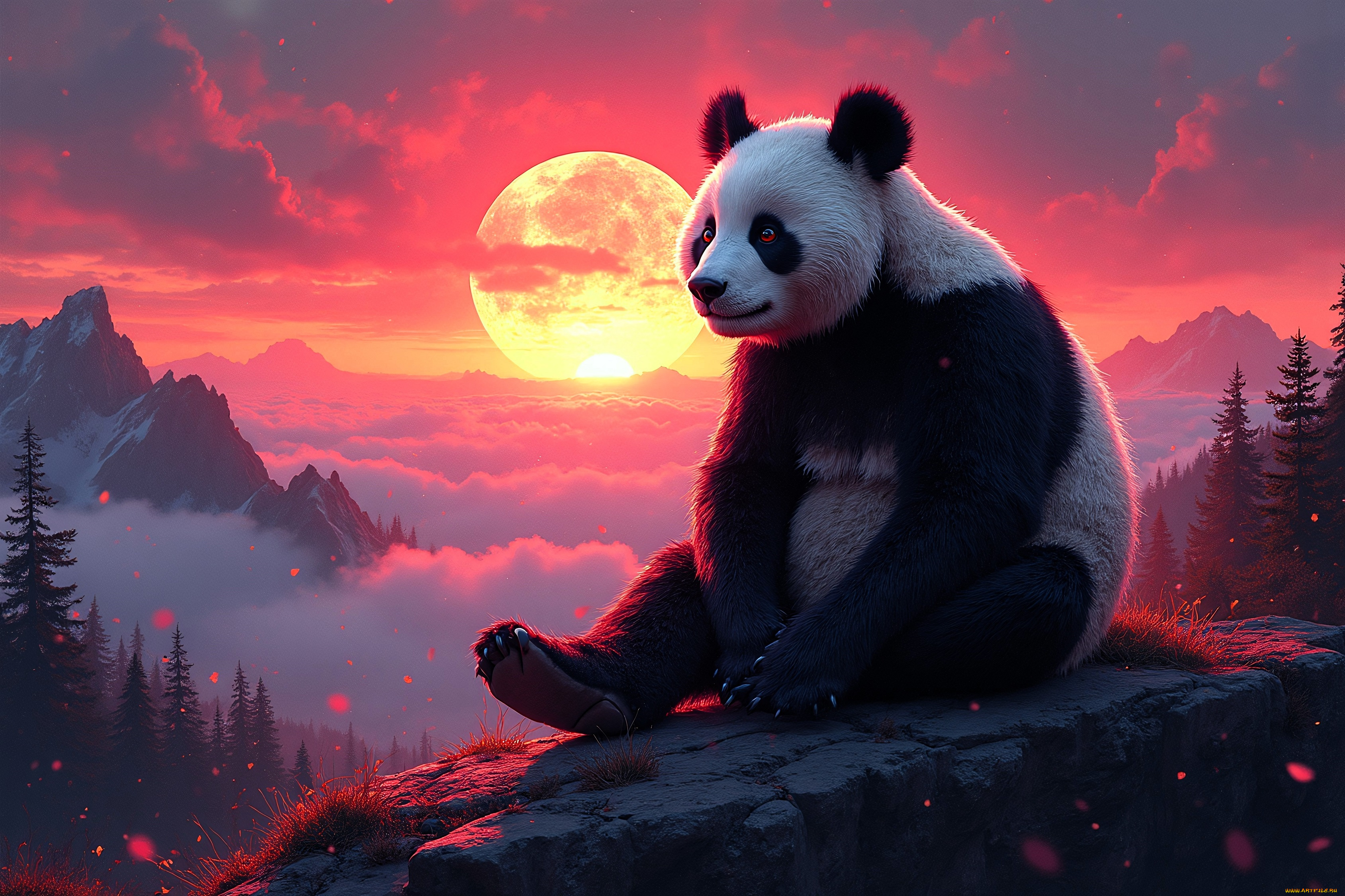 разное, компьютерный, дизайн, панда, камень, лес, горы, закат, солнце, облака