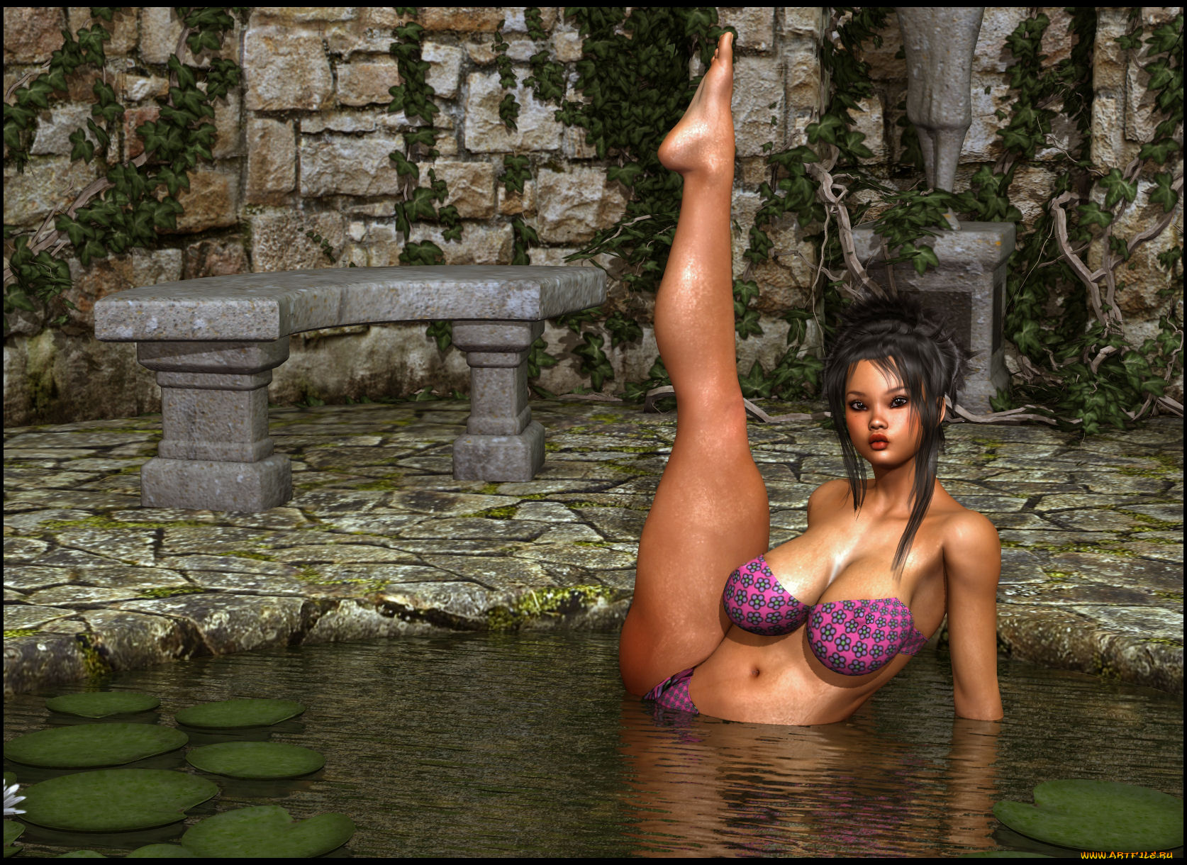 3д, графика, people, люди, лавочка, грудь, пруд