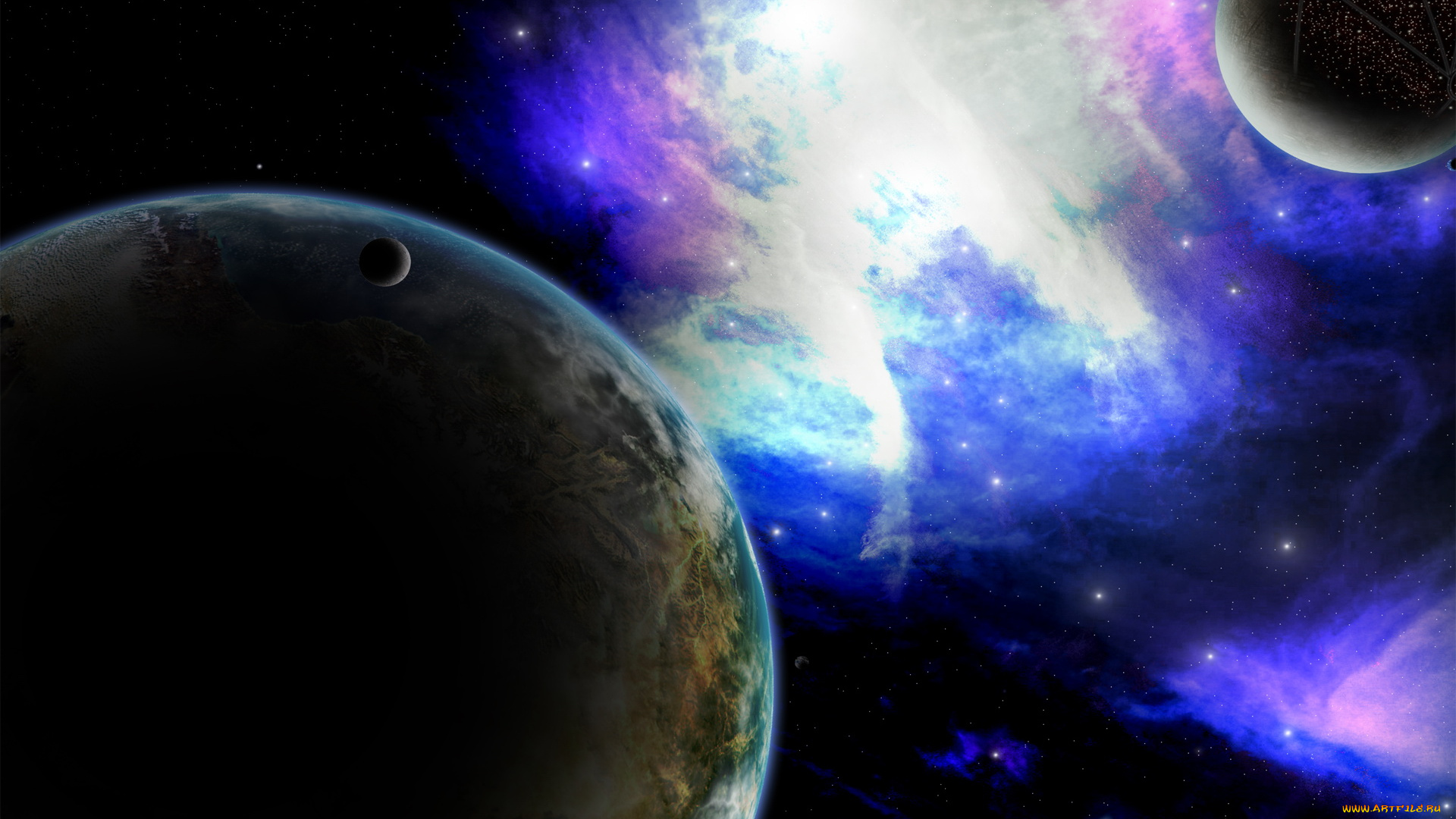 космос, арт, планеты, звёзды, свечения