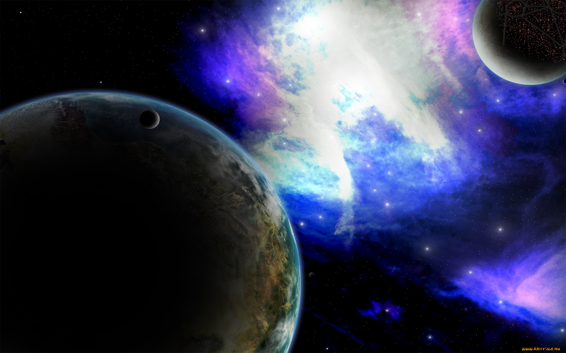 космос, арт, планеты, звёзды, свечения
