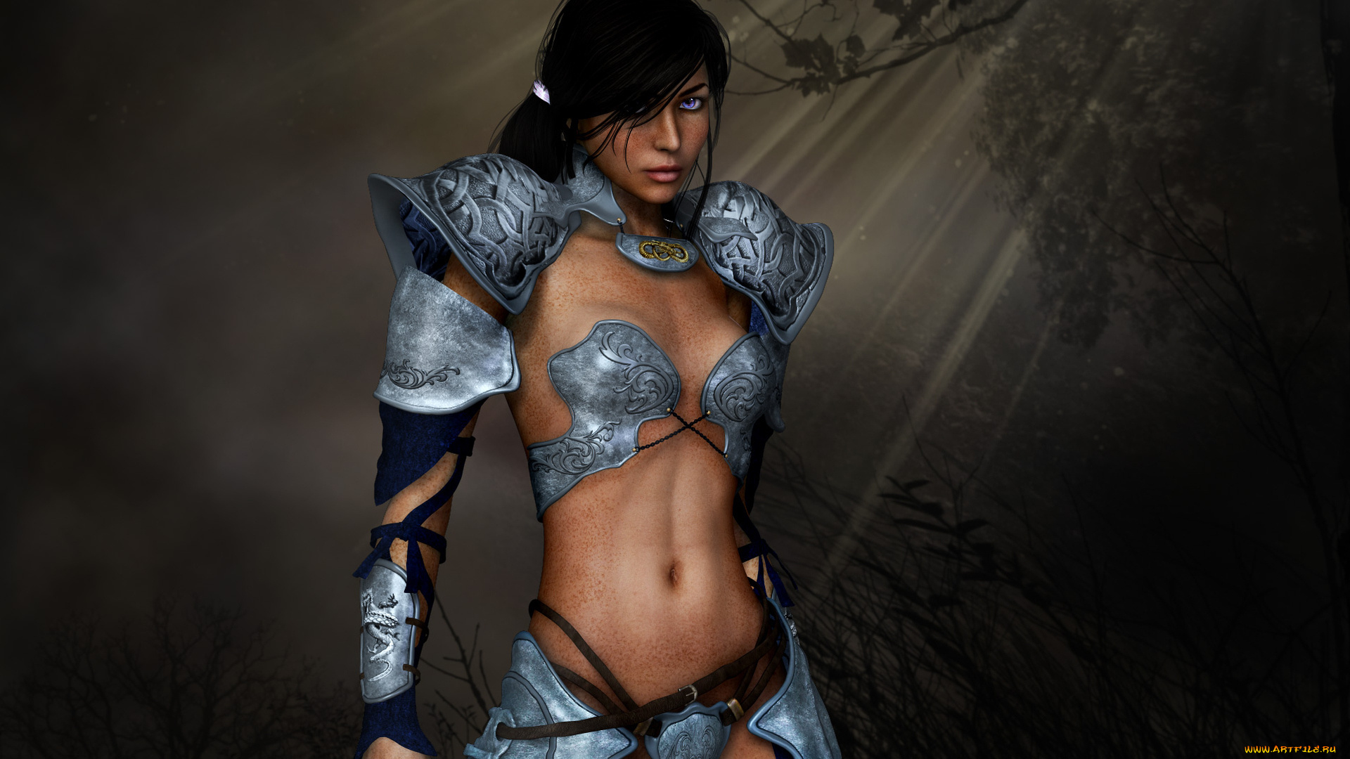 3д, графика, fantasy, фантазия, лес, тьма, лучи, солнца, ремни, веснушки, доспехи