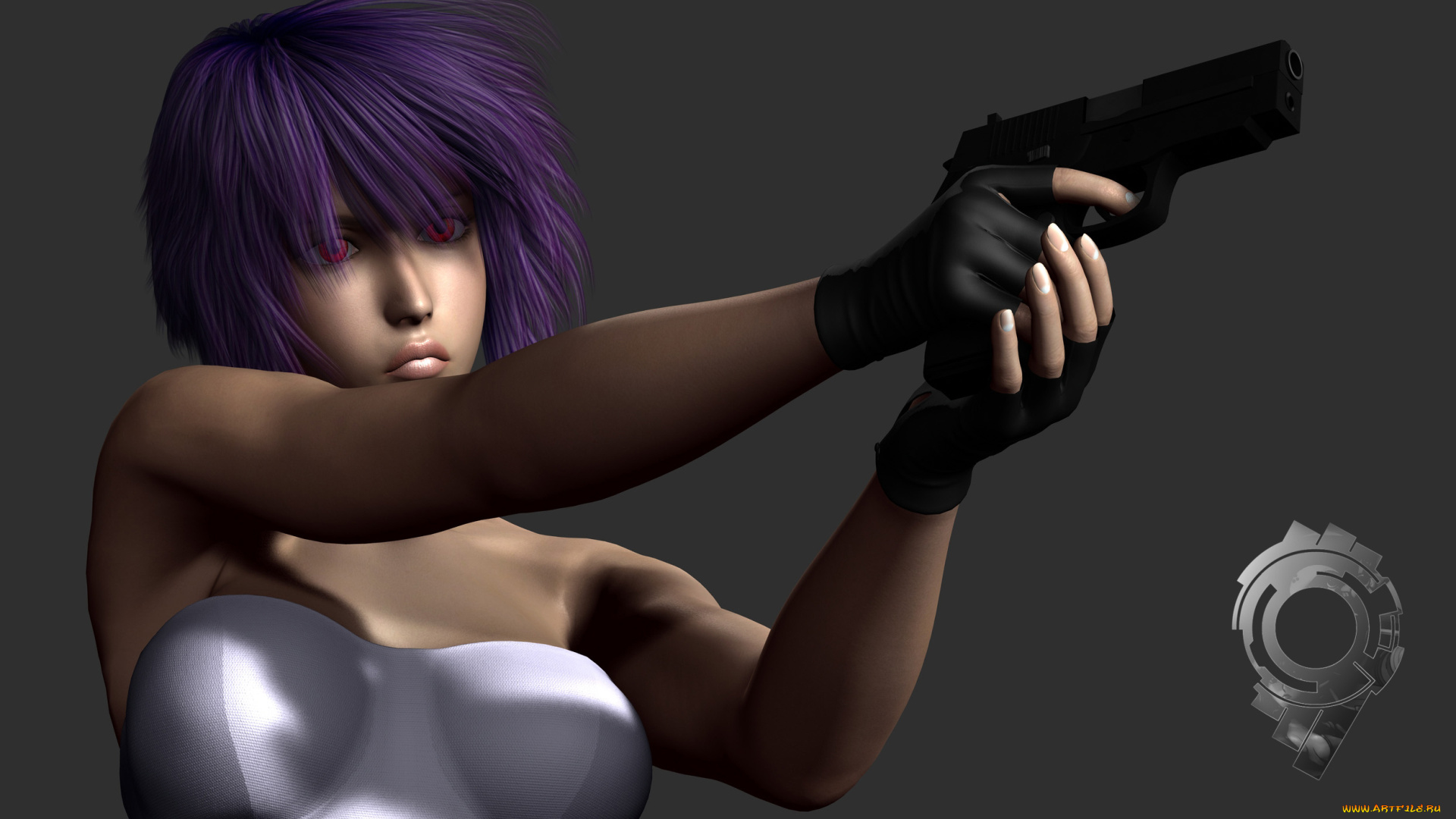 3д, графика, people, люди, motoka, ghost, in, the, shell, kusanagi, динамика, красные, глаза, пистолет, девушка