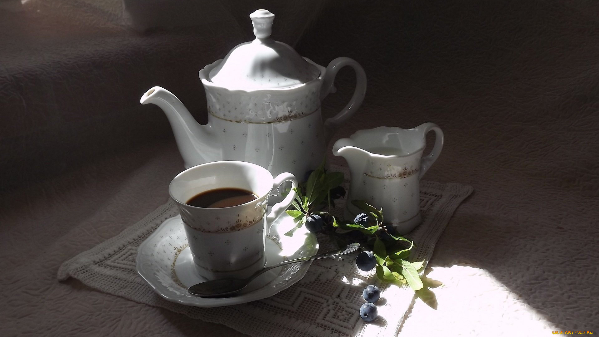 еда, кофе, кофейные, зёрна, чашка, кофейник, ягоды, салфетка