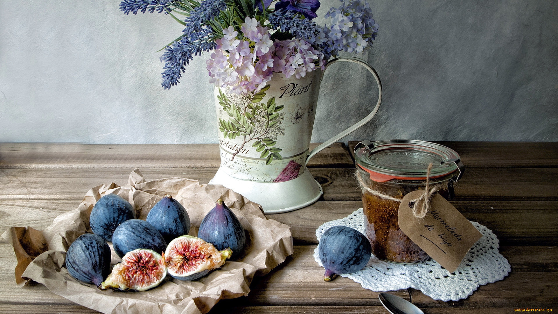 еда, натюрморт, ложка, инжир, мармелад, букет, гортензия, лаванда