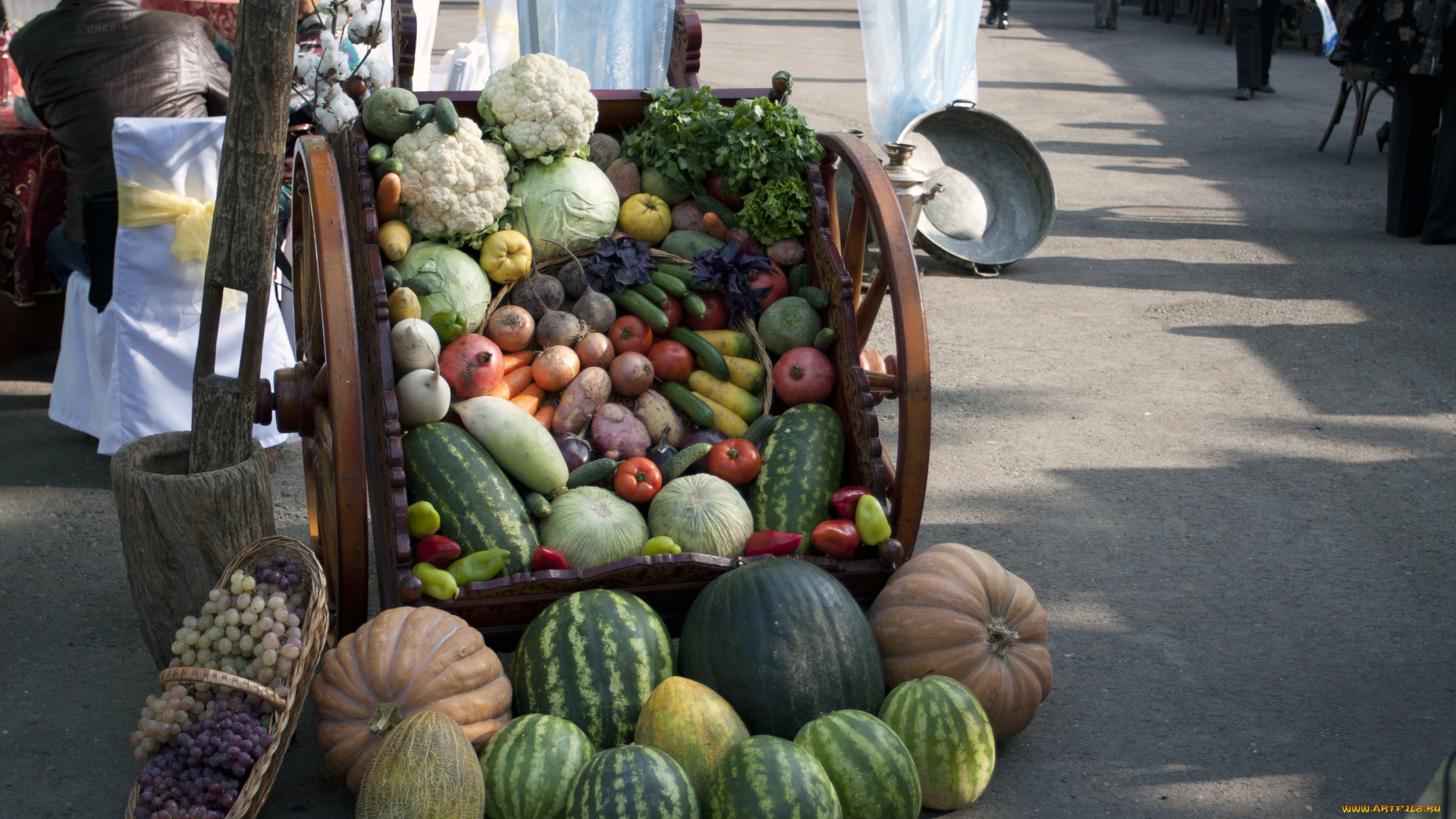 еда, овощи, ярмарка, телега, тыква, арбуз
