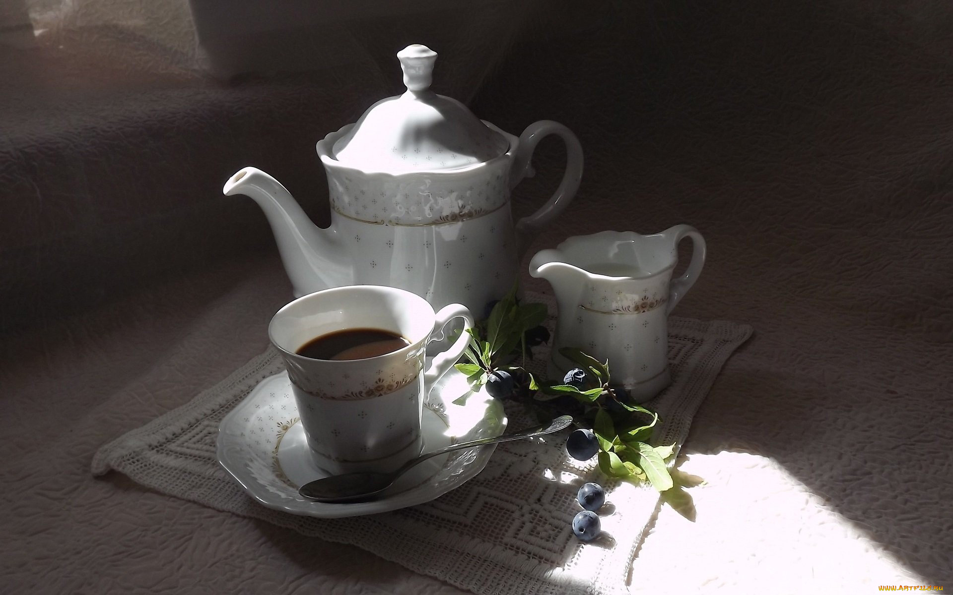 еда, кофе, кофейные, зёрна, чашка, кофейник, ягоды, салфетка
