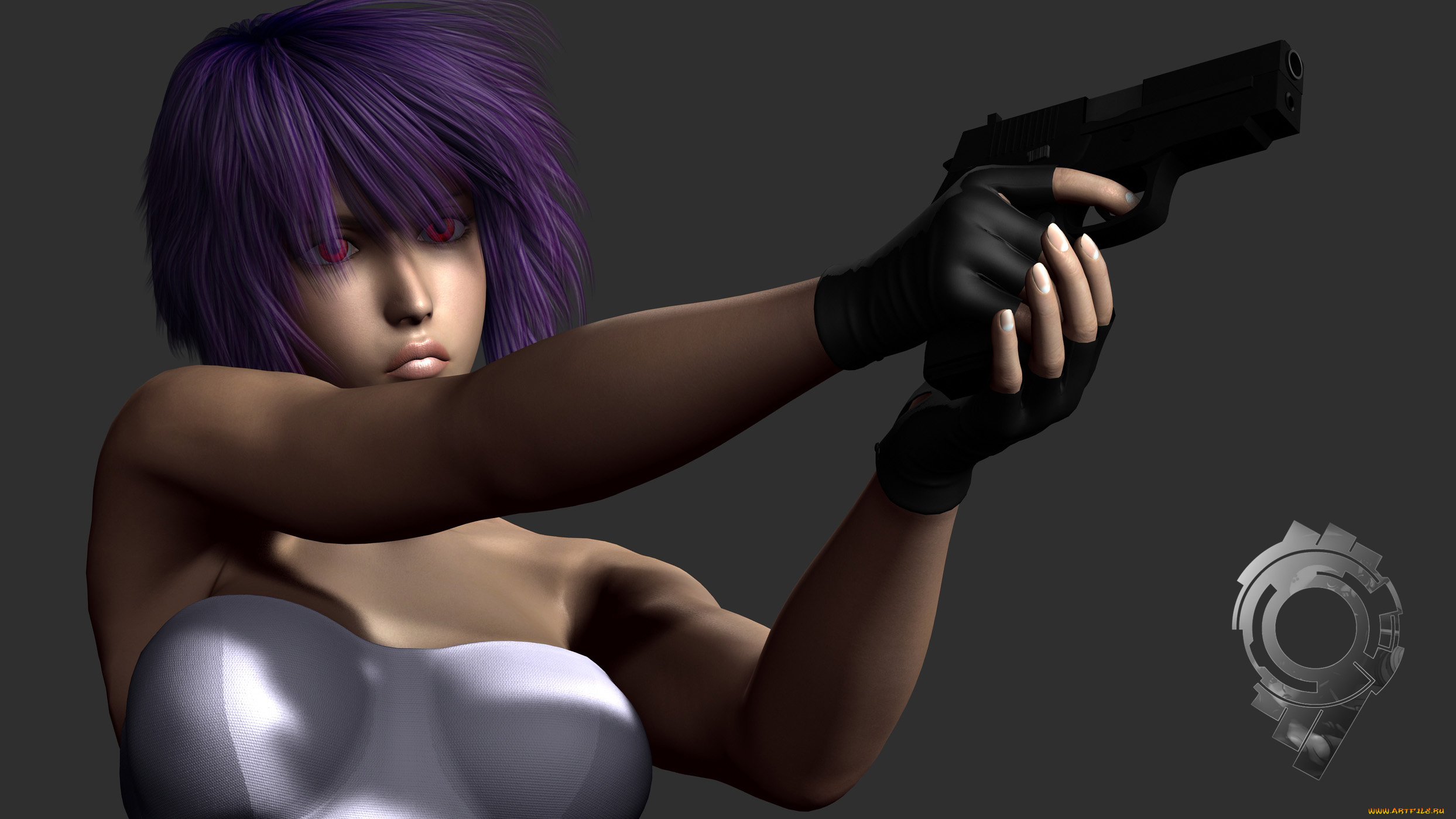 3д, графика, people, люди, motoka, ghost, in, the, shell, kusanagi, динамика, красные, глаза, пистолет, девушка