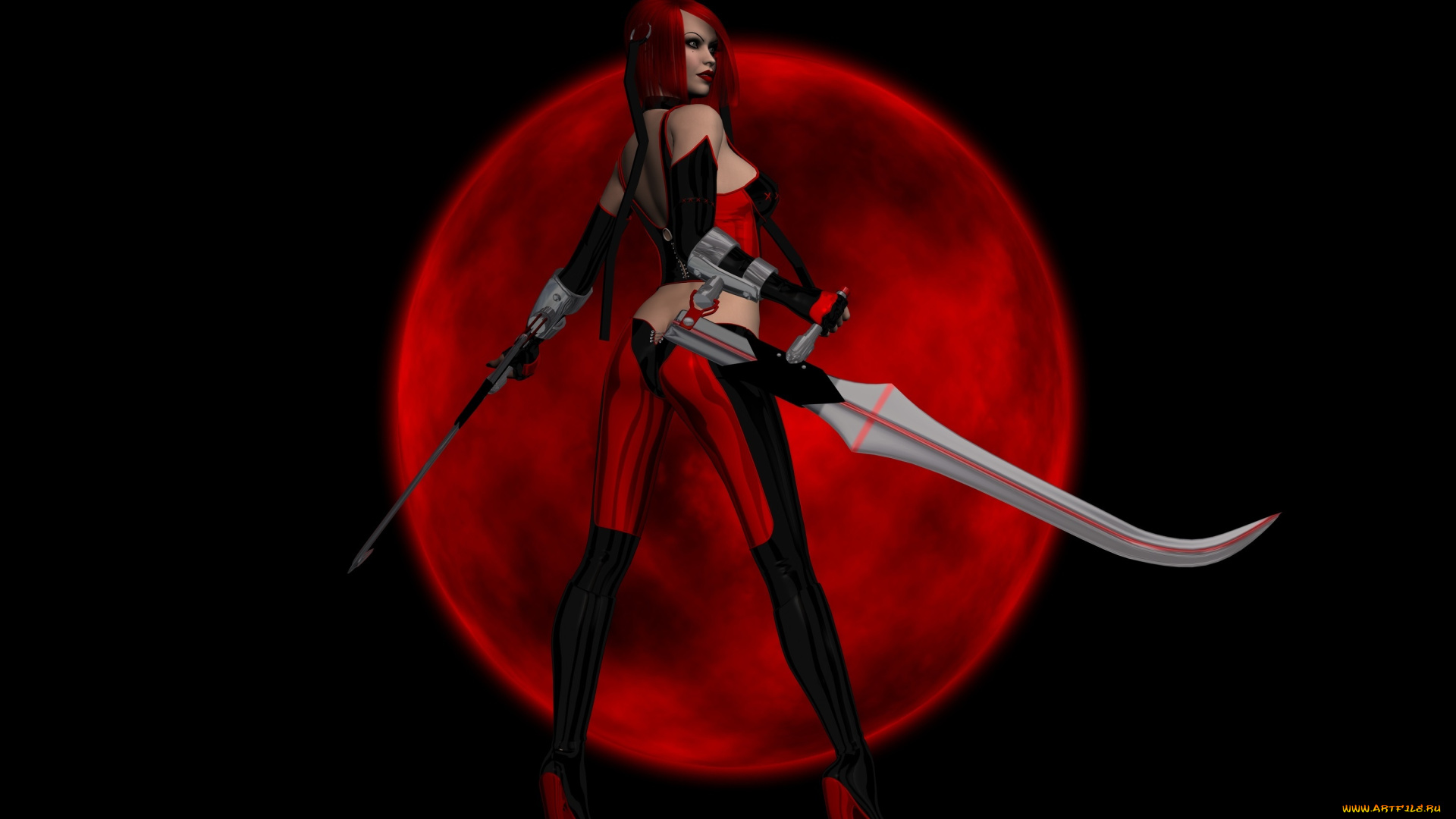 3д, графика, люди, , people, bloodrayne, рендеринг, игра, костюм, профиль, оружие, фон