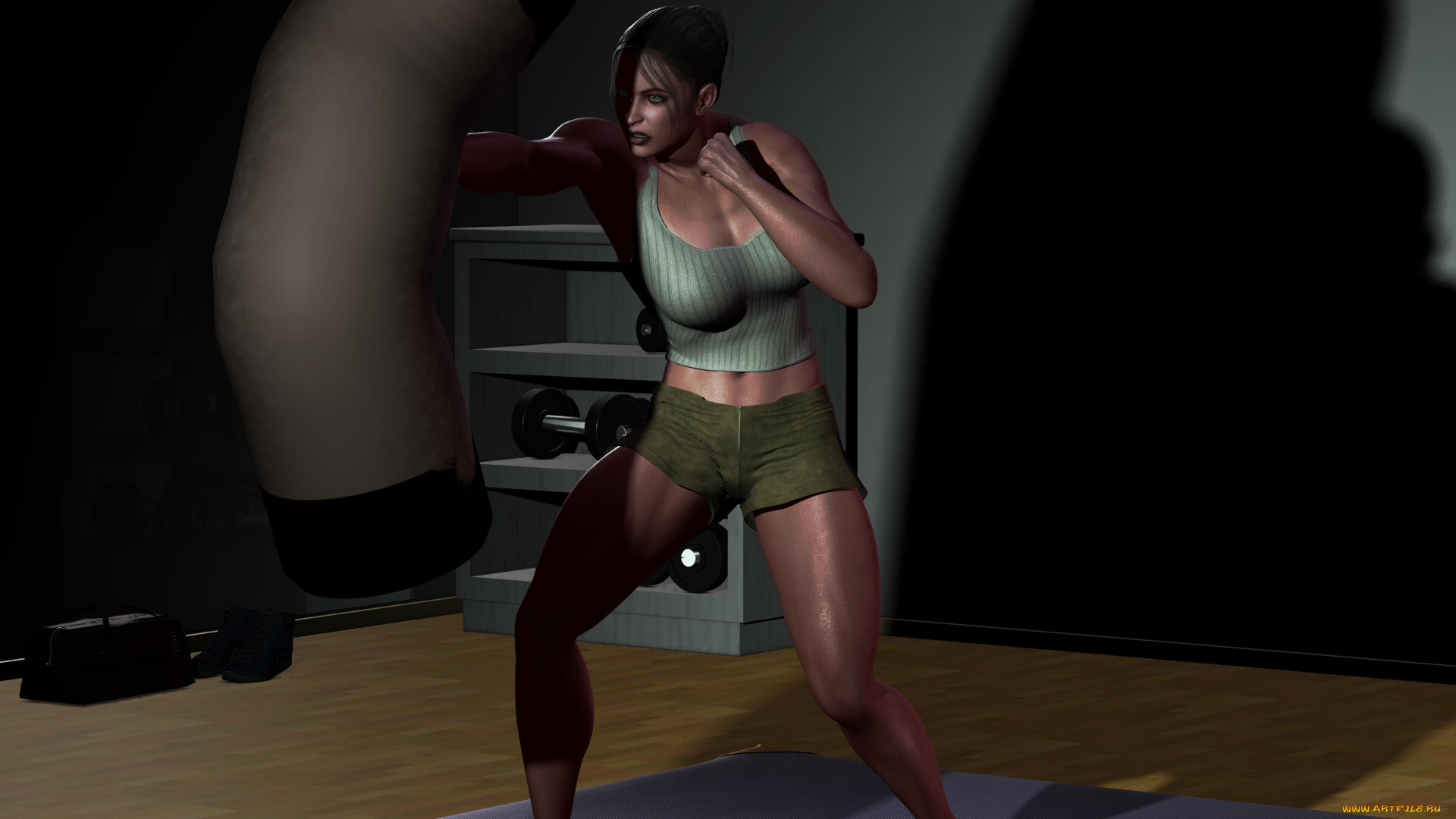3д, графика, люди, , people, девушка, спортзал, взгляд, тренировка, груша