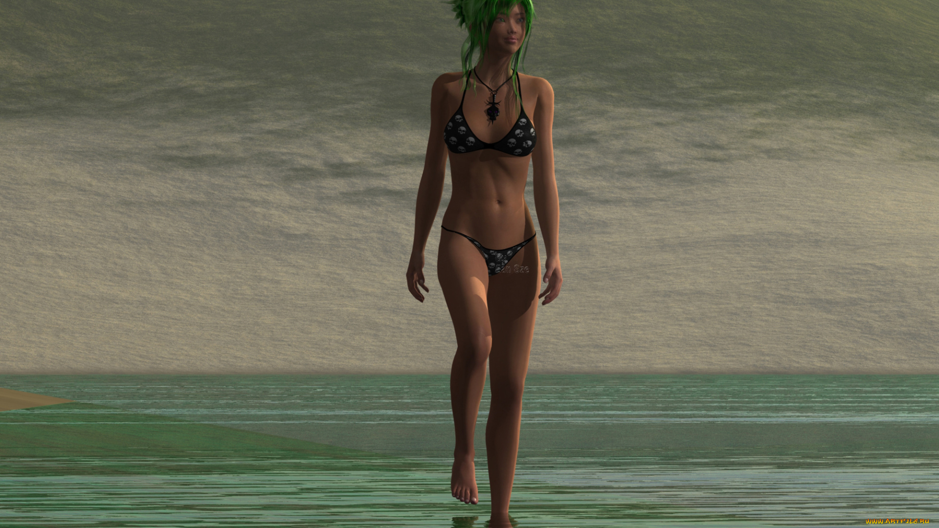 3д, графика, люди, , people, девушка, взгляд, фон, море, купальник