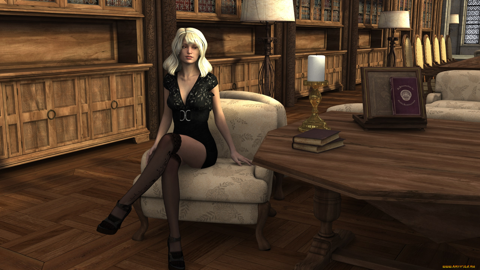 3д, графика, люди, , people, стол, блондинка, взгляд, книги, девушка, стул